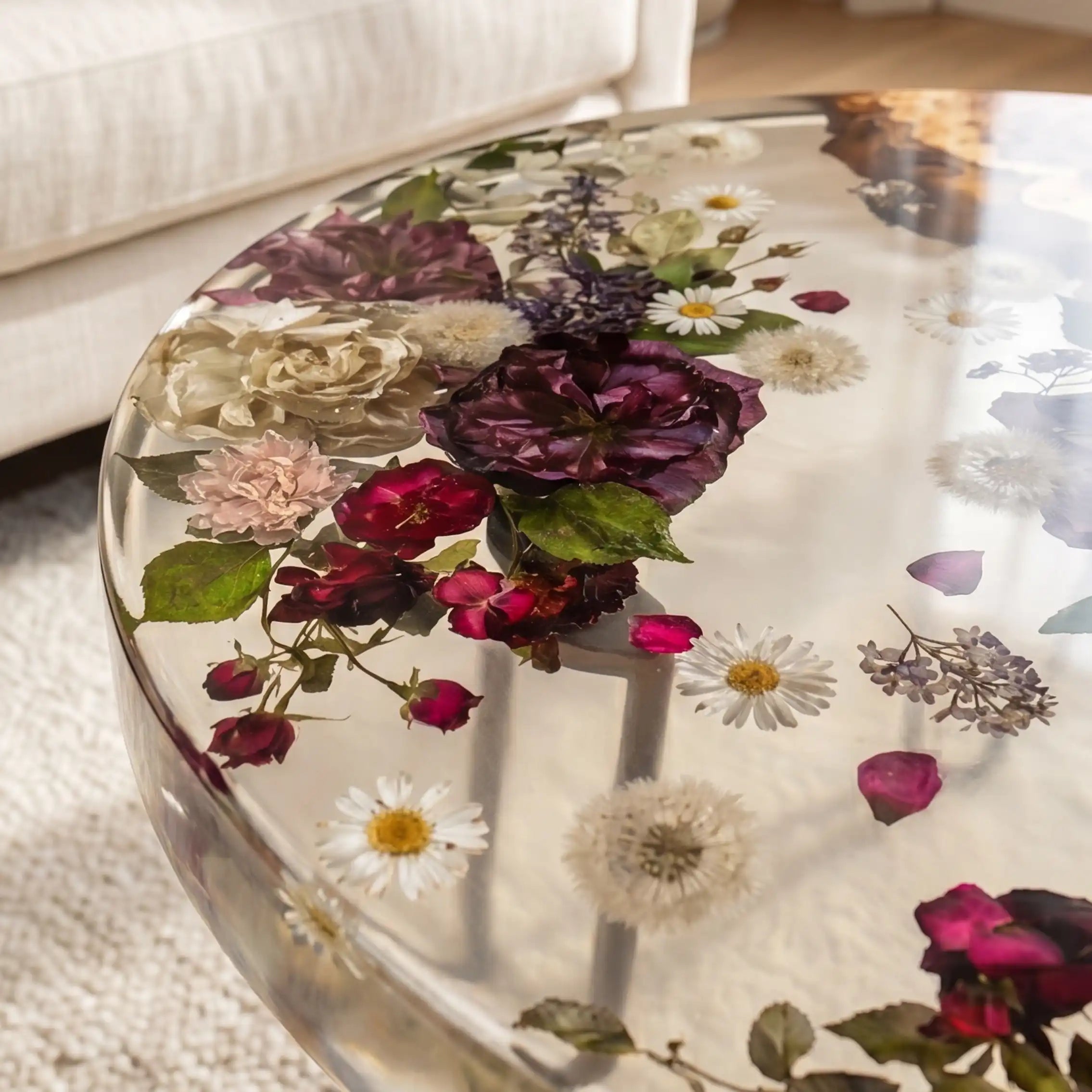 Olive Wood & Floral Clear Resin Round Coffee Table ORT34