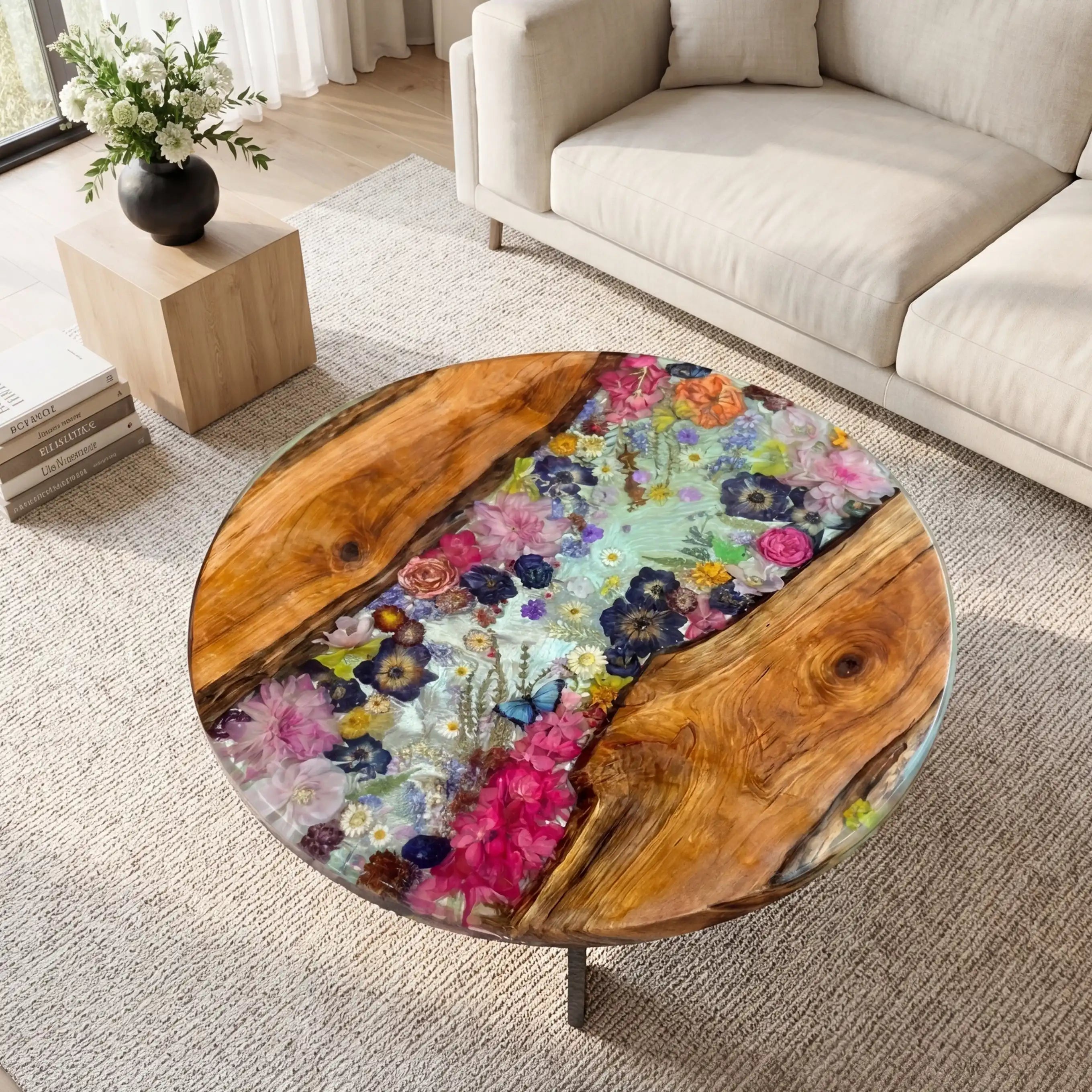 Olive Wood & Floral Clear Resin Round Coffee Table ORT36