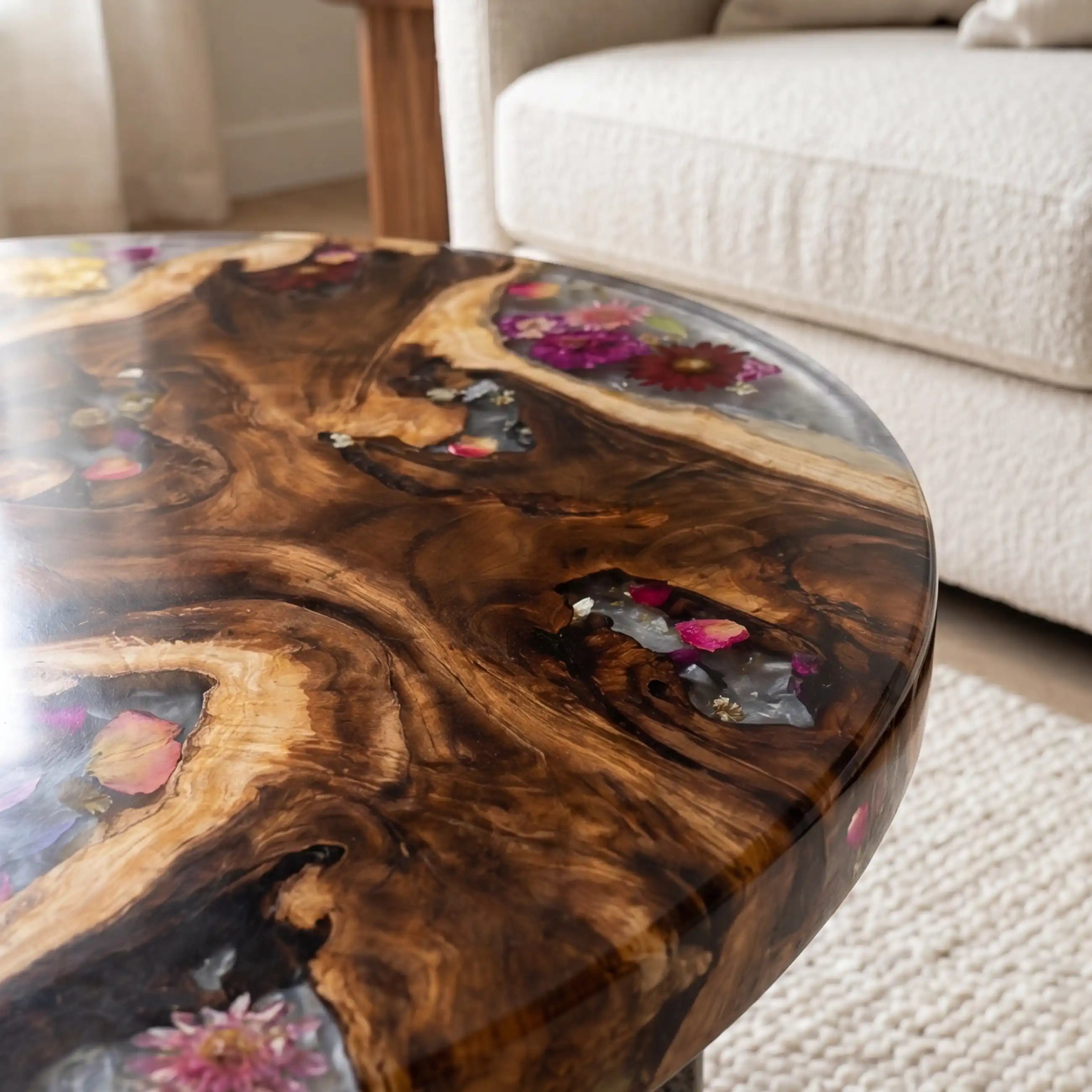 Olive Wood & Floral Clear Resin Round Coffee Table ORT39