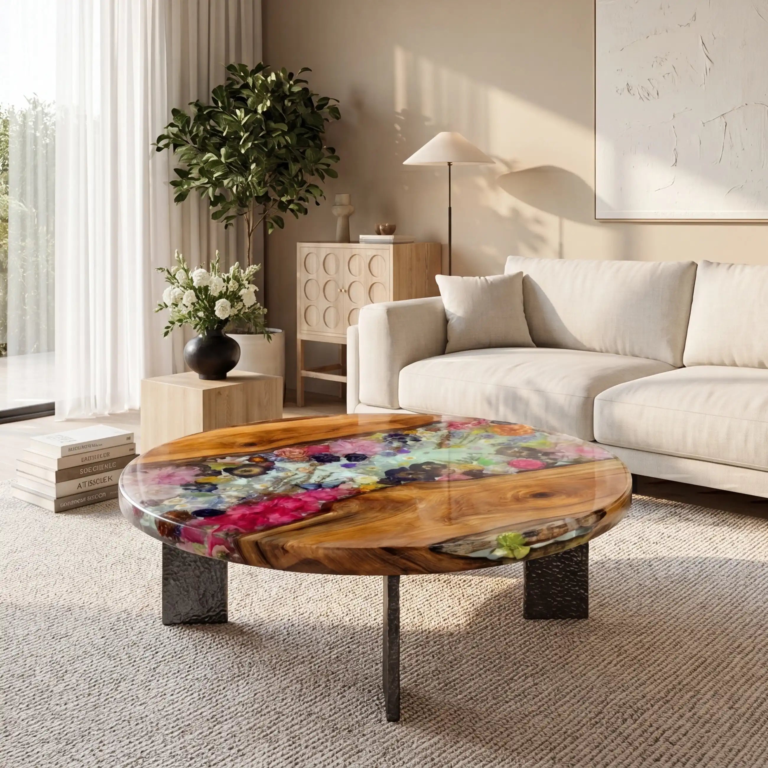 Olive Wood & Floral Clear Resin Round Coffee Table ORT36