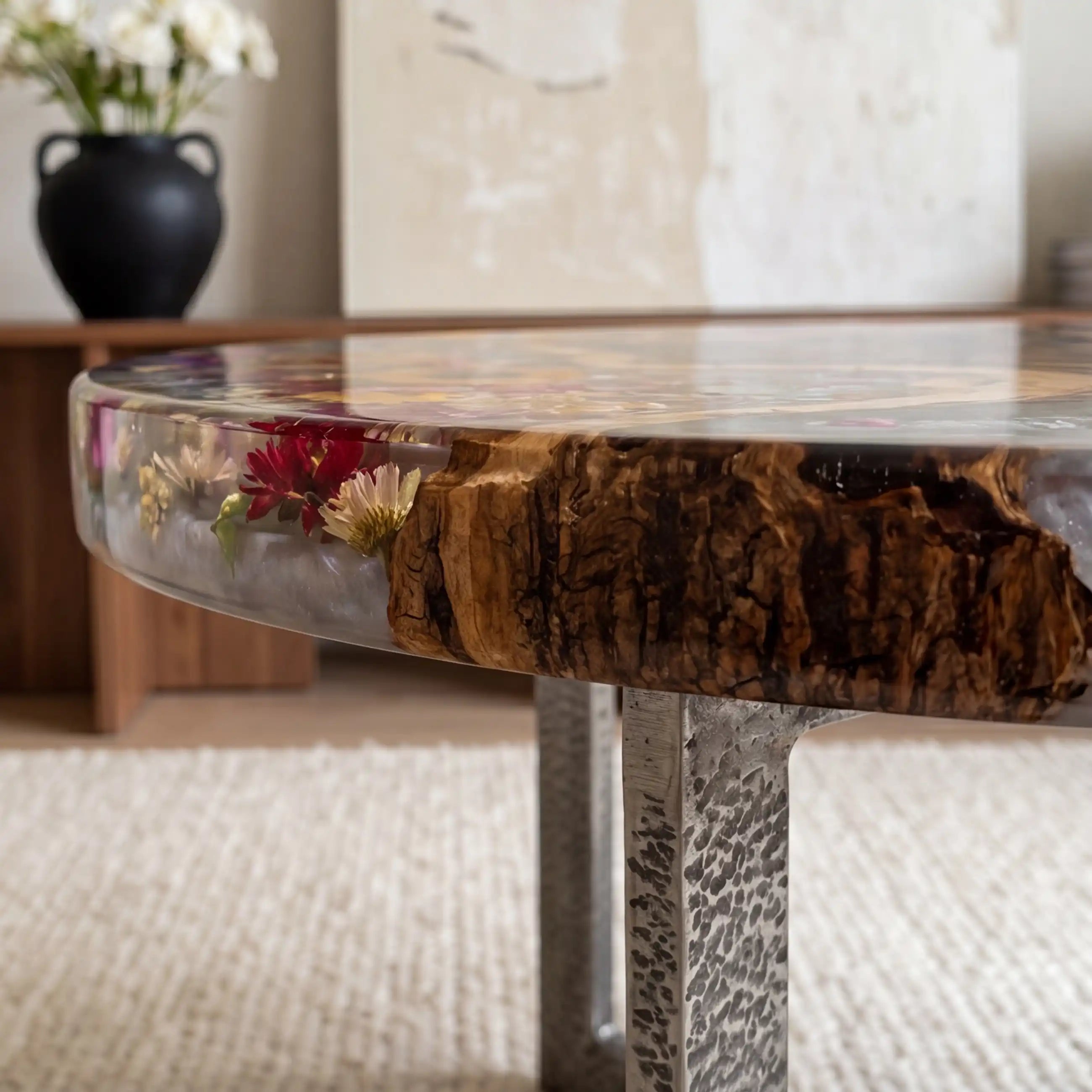 Olive Wood & Floral Clear Resin Round Coffee Table ORT39