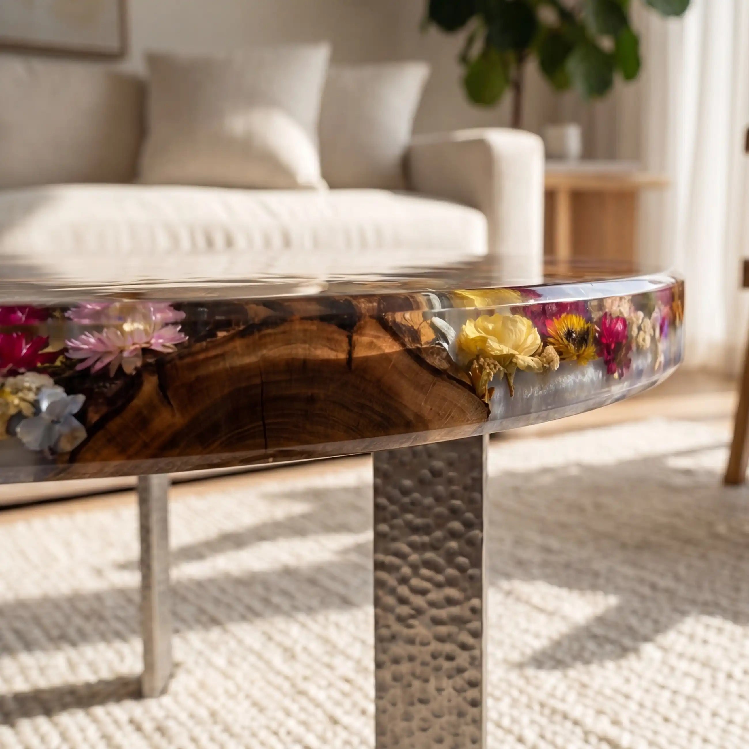 Olive Wood & Floral Clear Resin Round Coffee Table ORT39