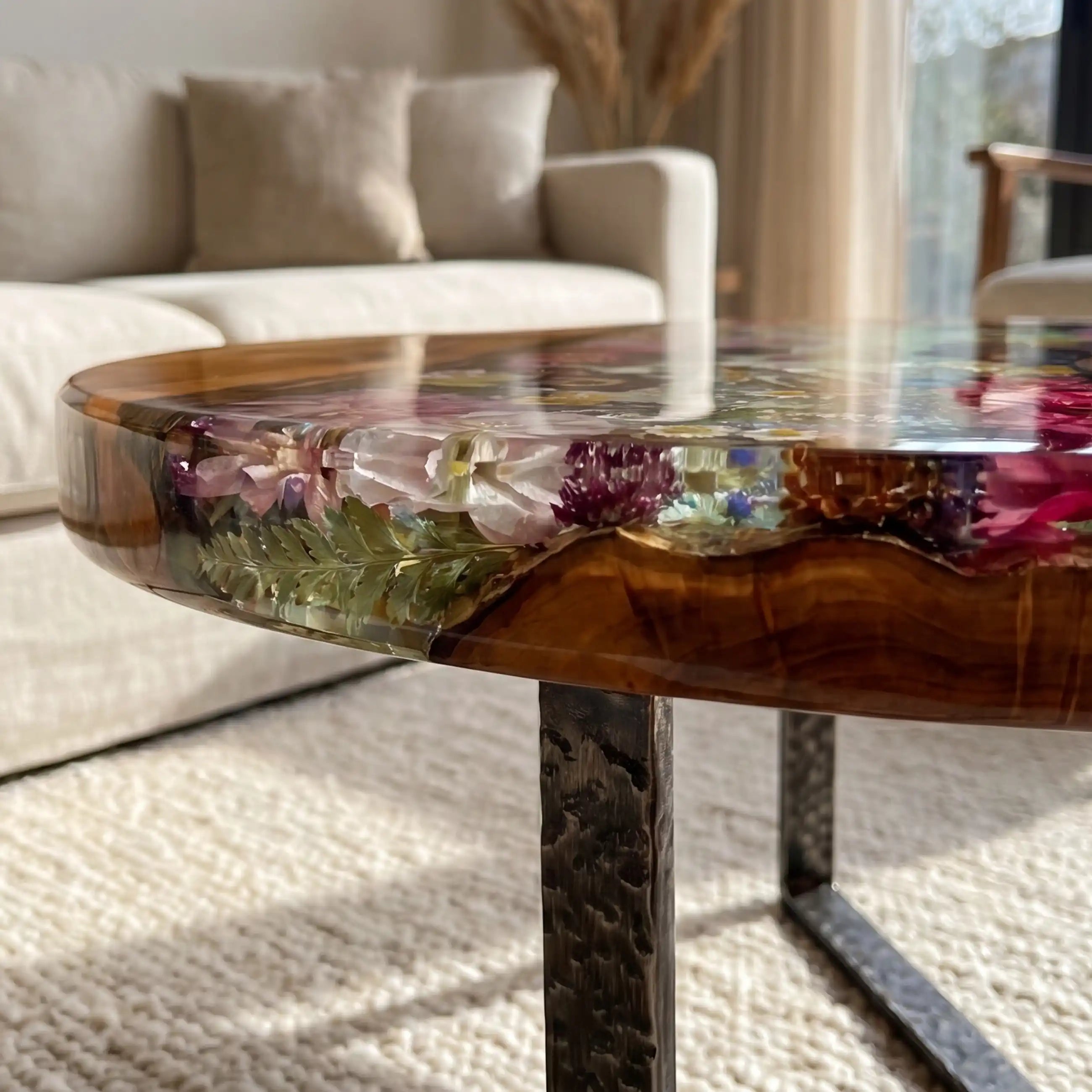 Olive Wood & Floral Clear Resin Round Coffee Table ORT36