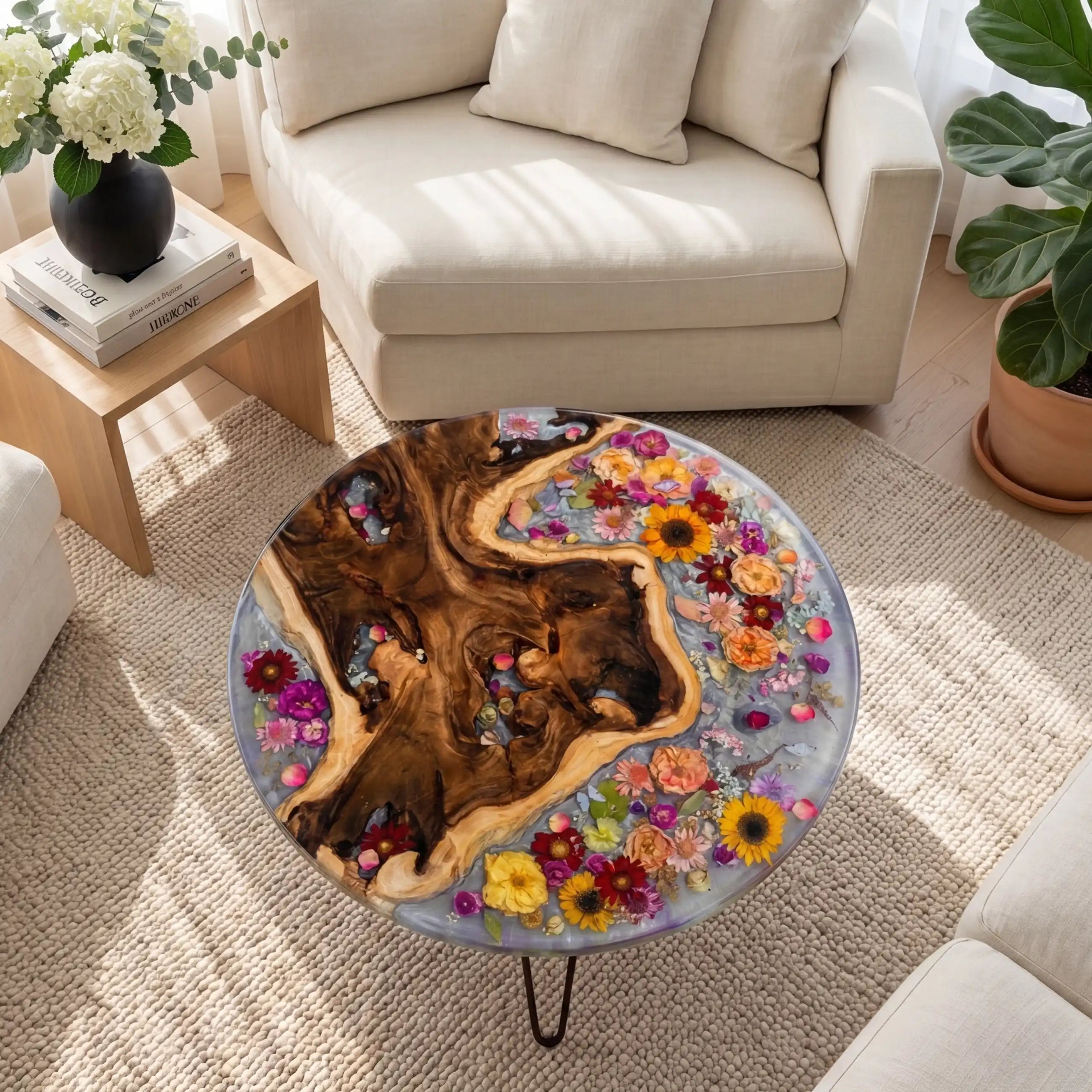 Olive Wood & Floral Clear Resin Round Coffee Table ORT39