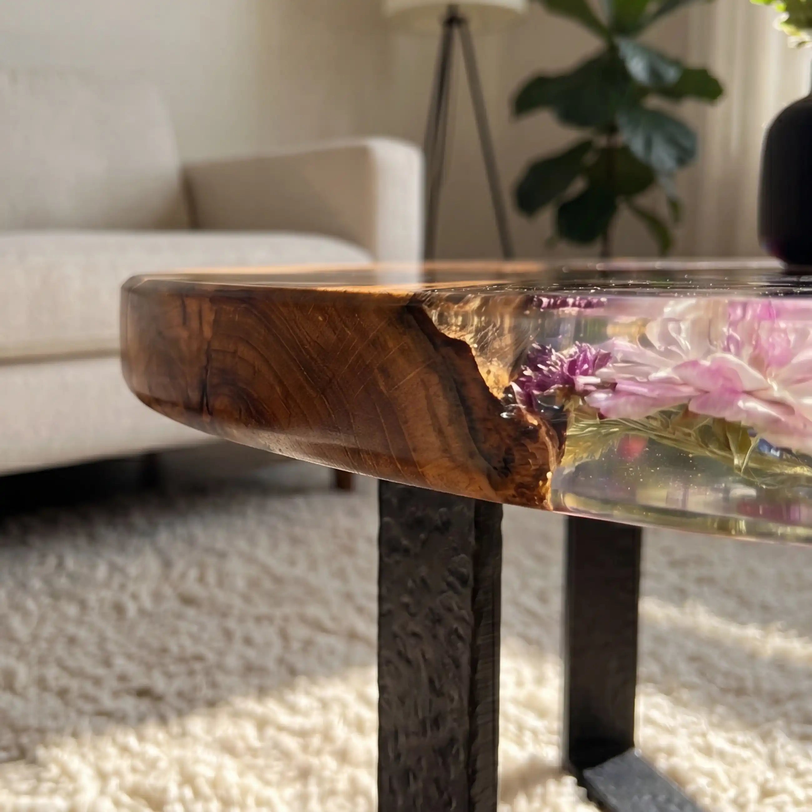 Olive Wood & Floral Clear Resin Round Coffee Table ORT36