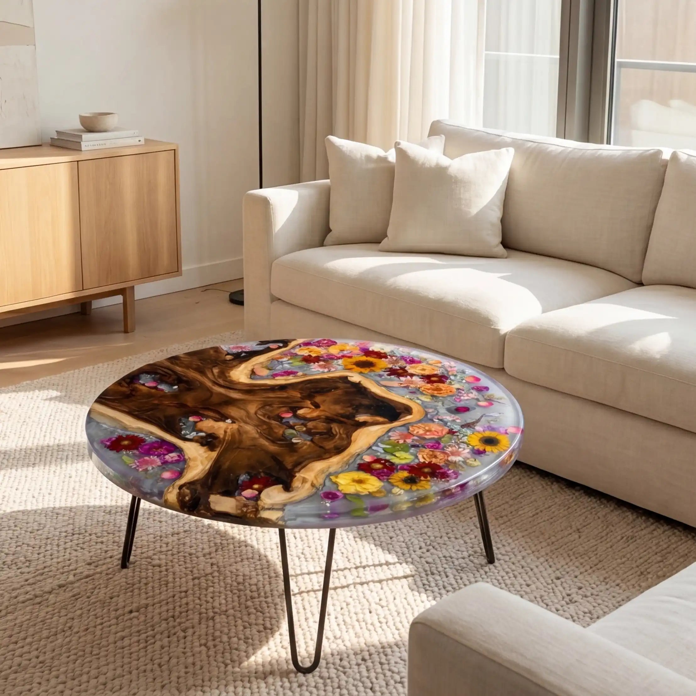 Olive Wood & Floral Clear Resin Round Coffee Table ORT39