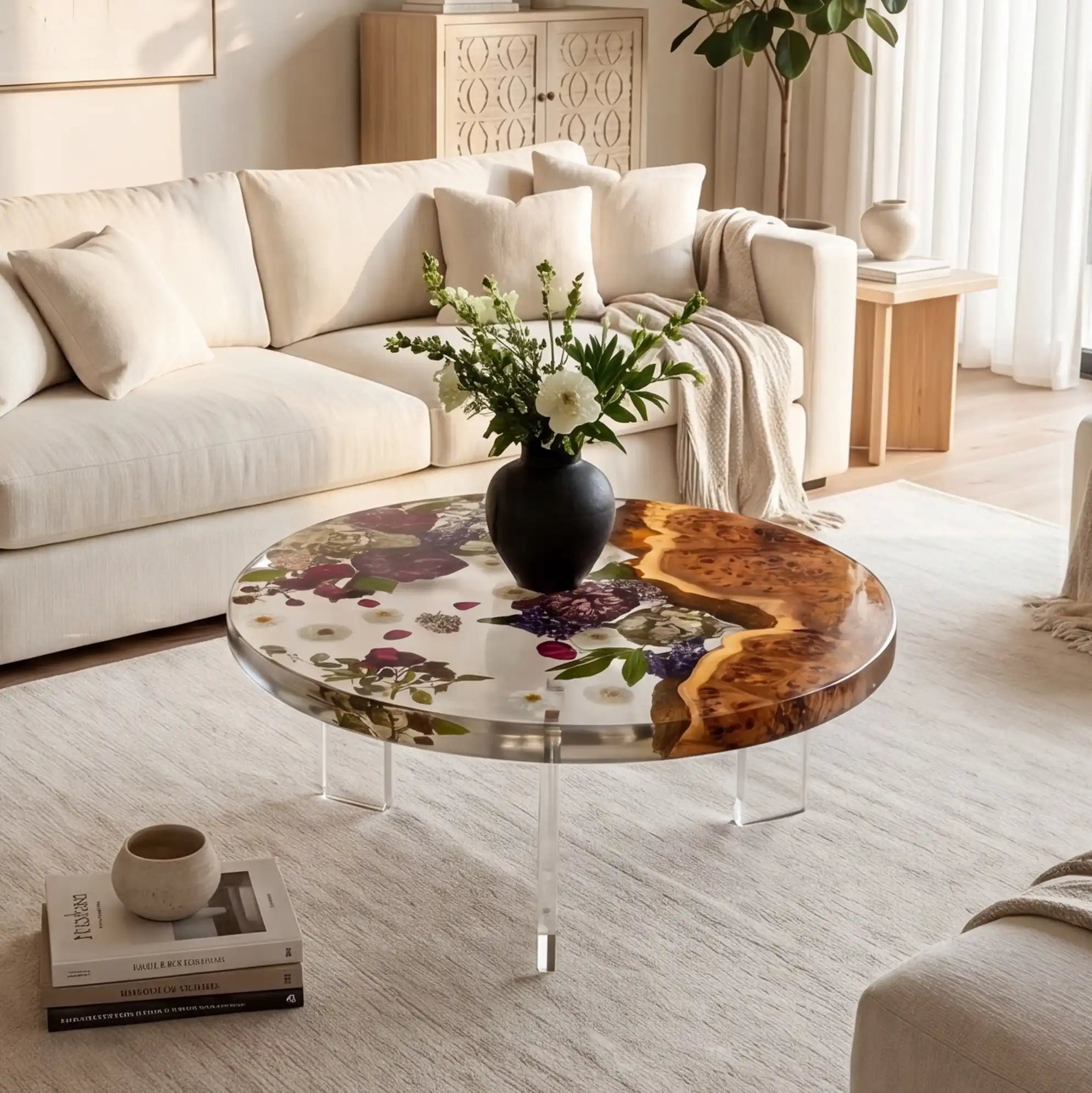 Olive Wood & Floral Clear Resin Round Coffee Table ORT34