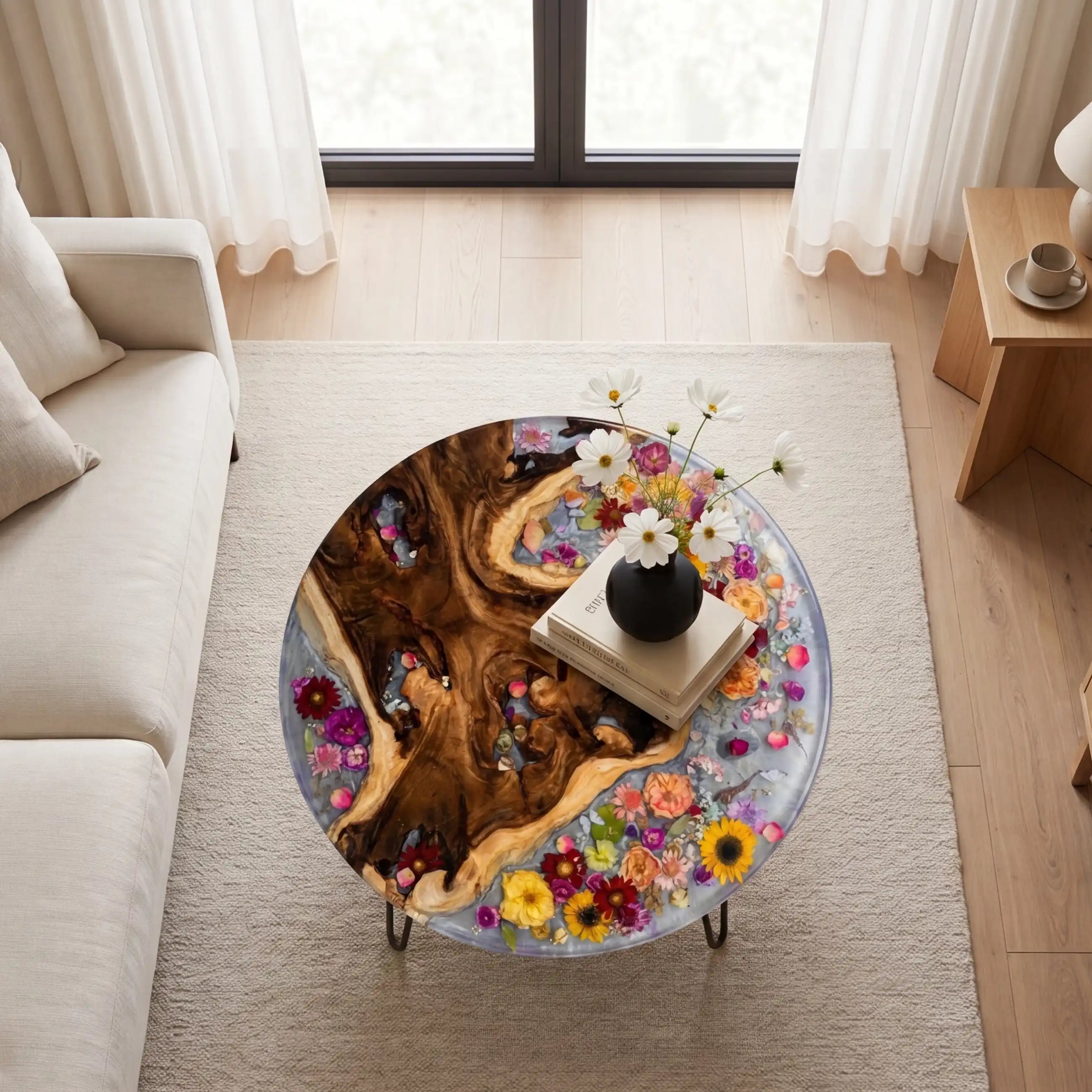Olive Wood & Floral Clear Resin Round Coffee Table ORT39