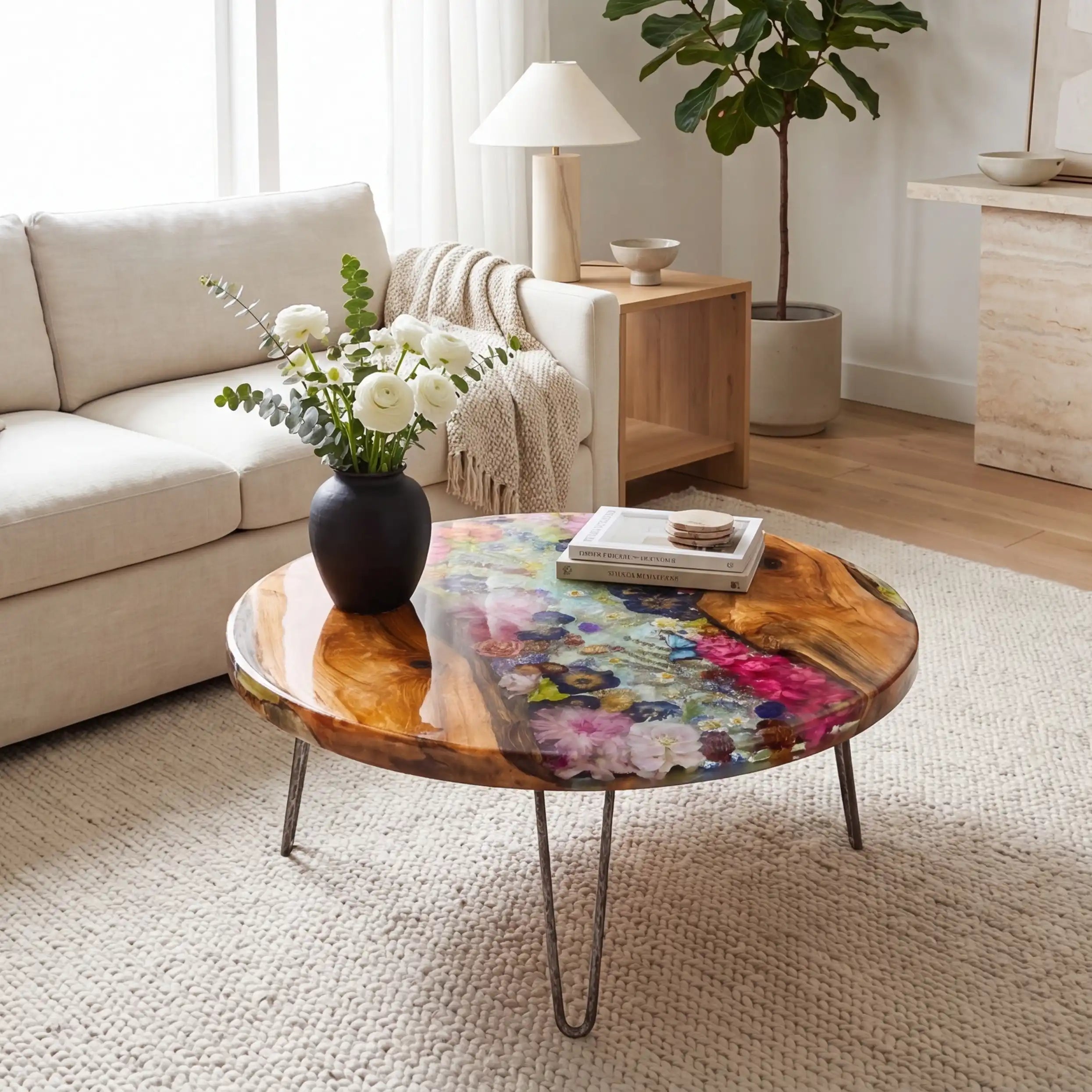 Olive Wood & Floral Clear Resin Round Coffee Table ORT36