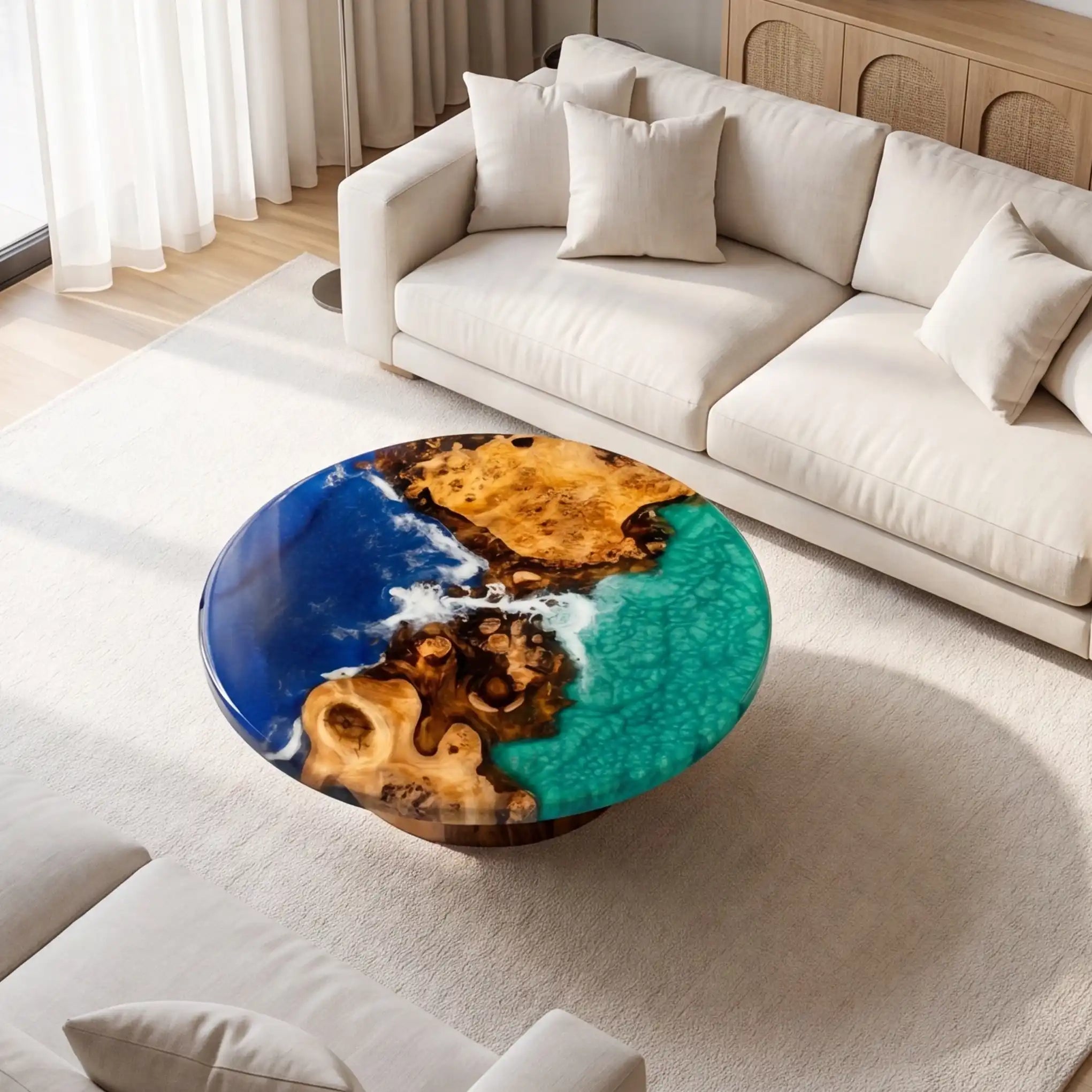 Olive Wood & Ocean Wave Resin Round Coffee Table OOR5