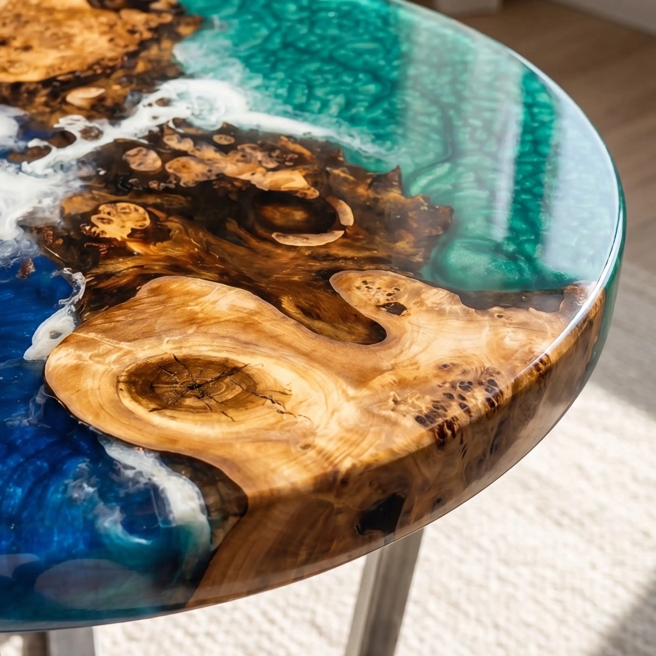 Olive Wood & Ocean Wave Resin Round Coffee Table OOR5