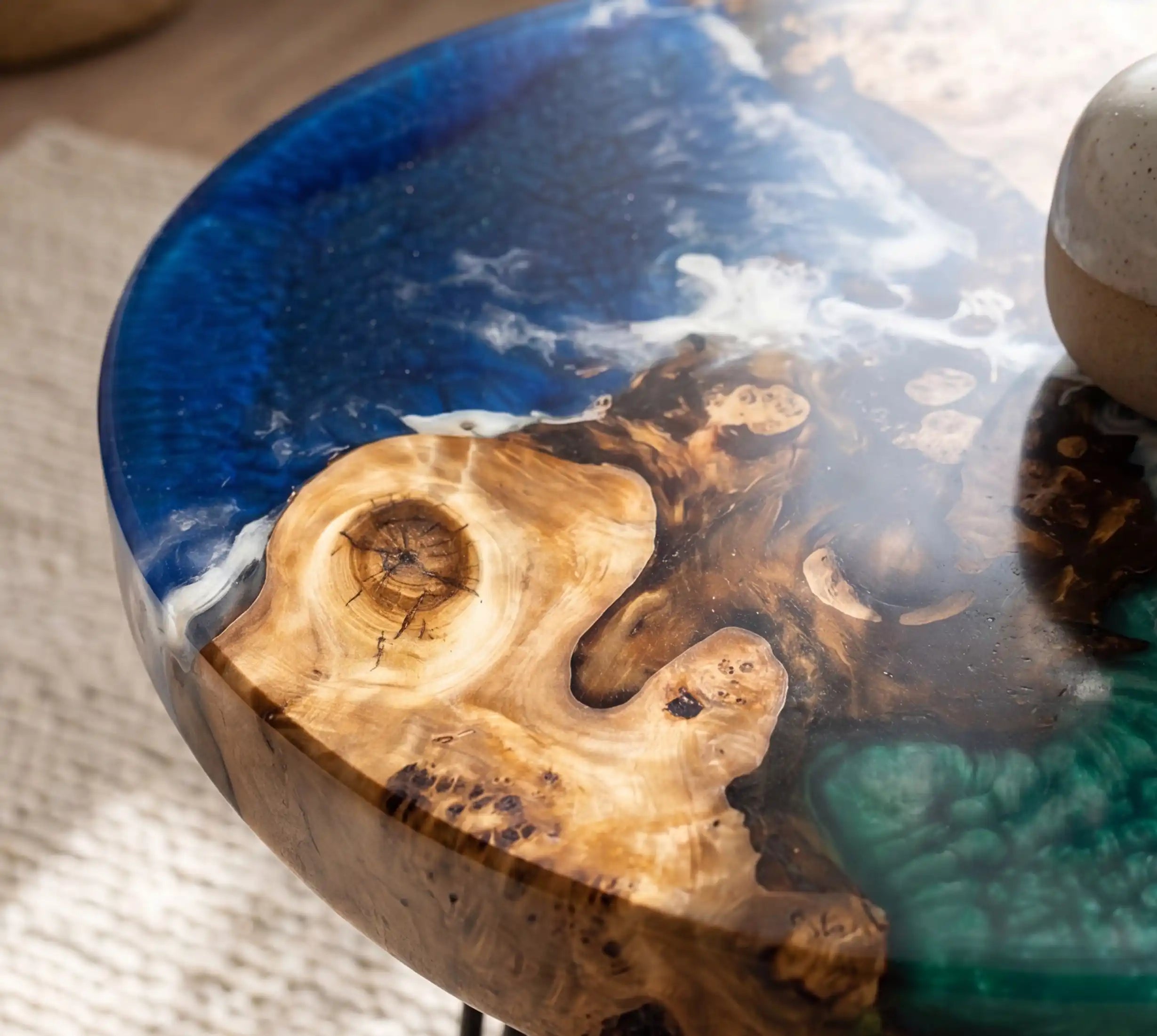 Olive Wood & Ocean Wave Resin Round Coffee Table OOR5