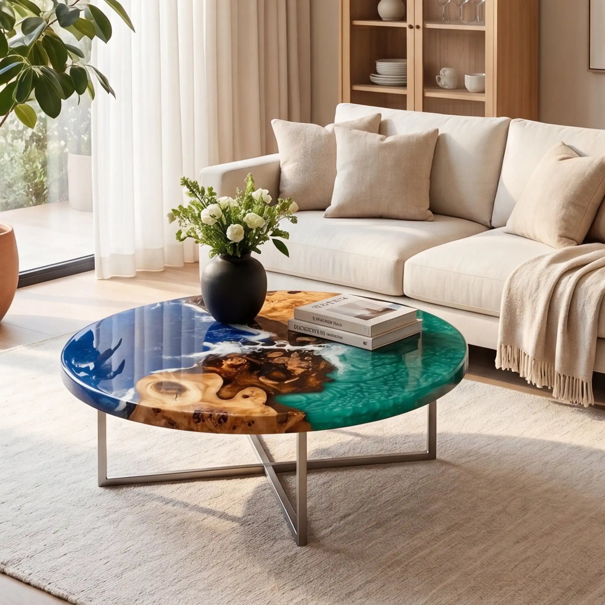 Olive Wood & Ocean Wave Resin Round Coffee Table OOR5