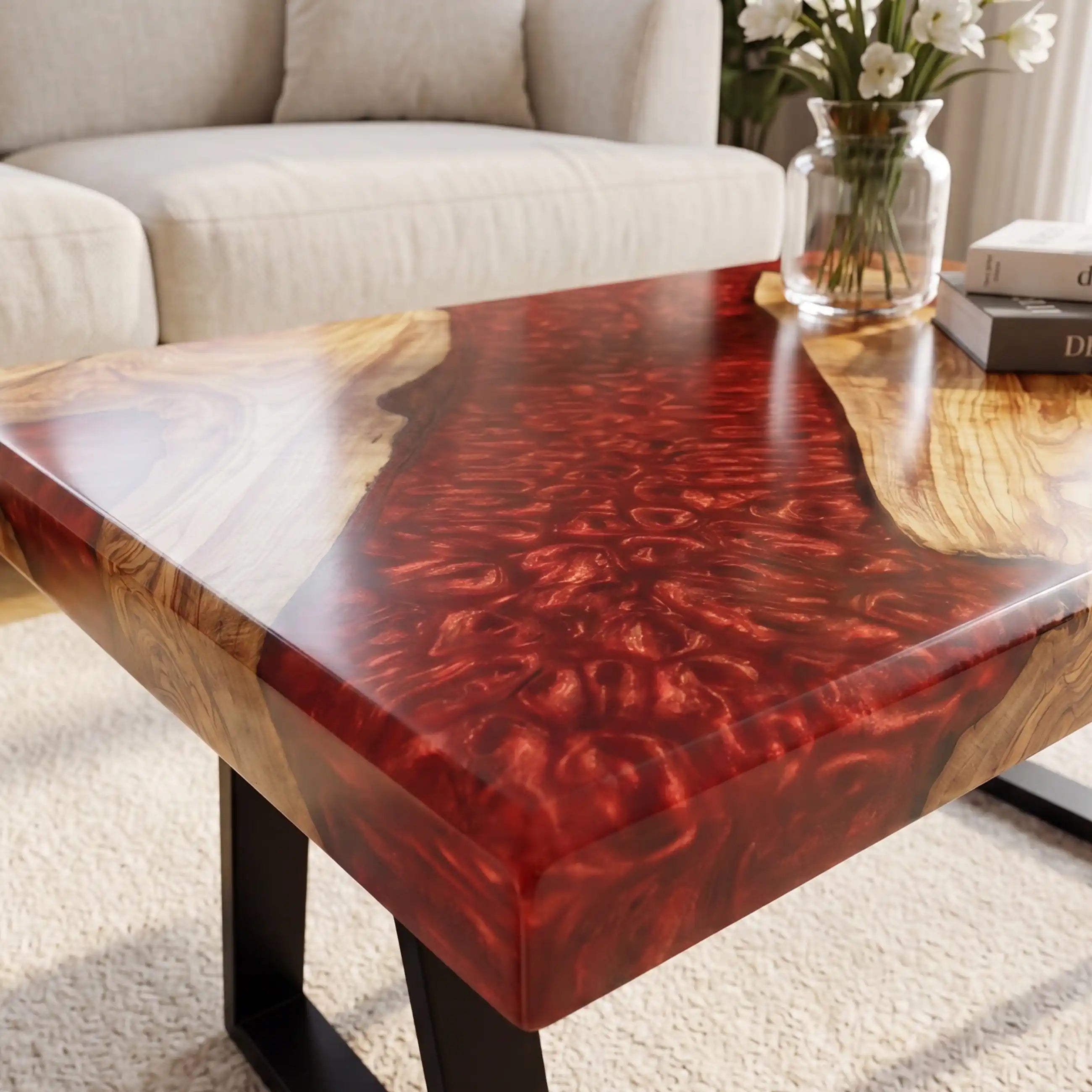 Olive Wood & Ruby Red Resin Coffee Table OCT22