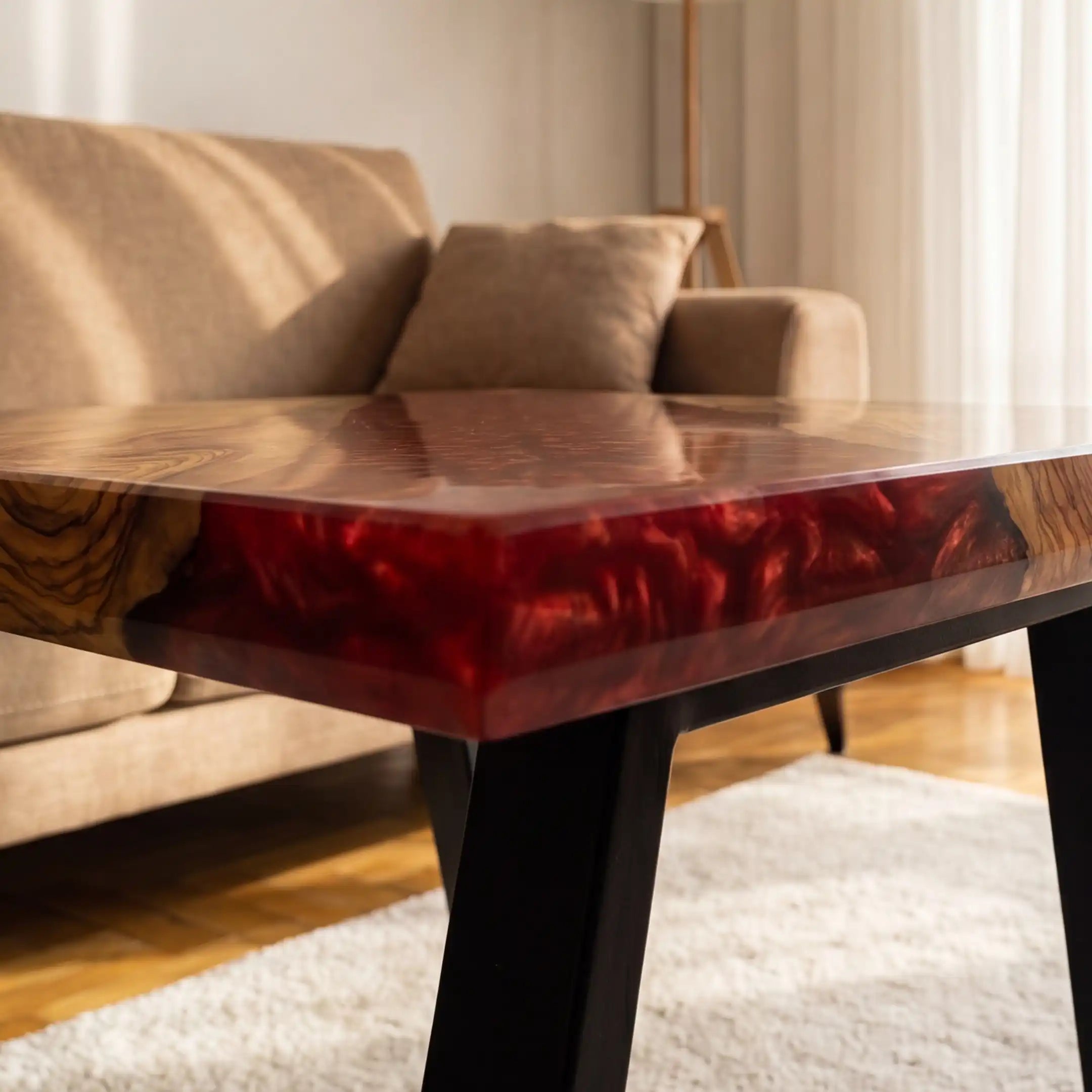 Olive Wood & Ruby Red Resin Coffee Table OCT22