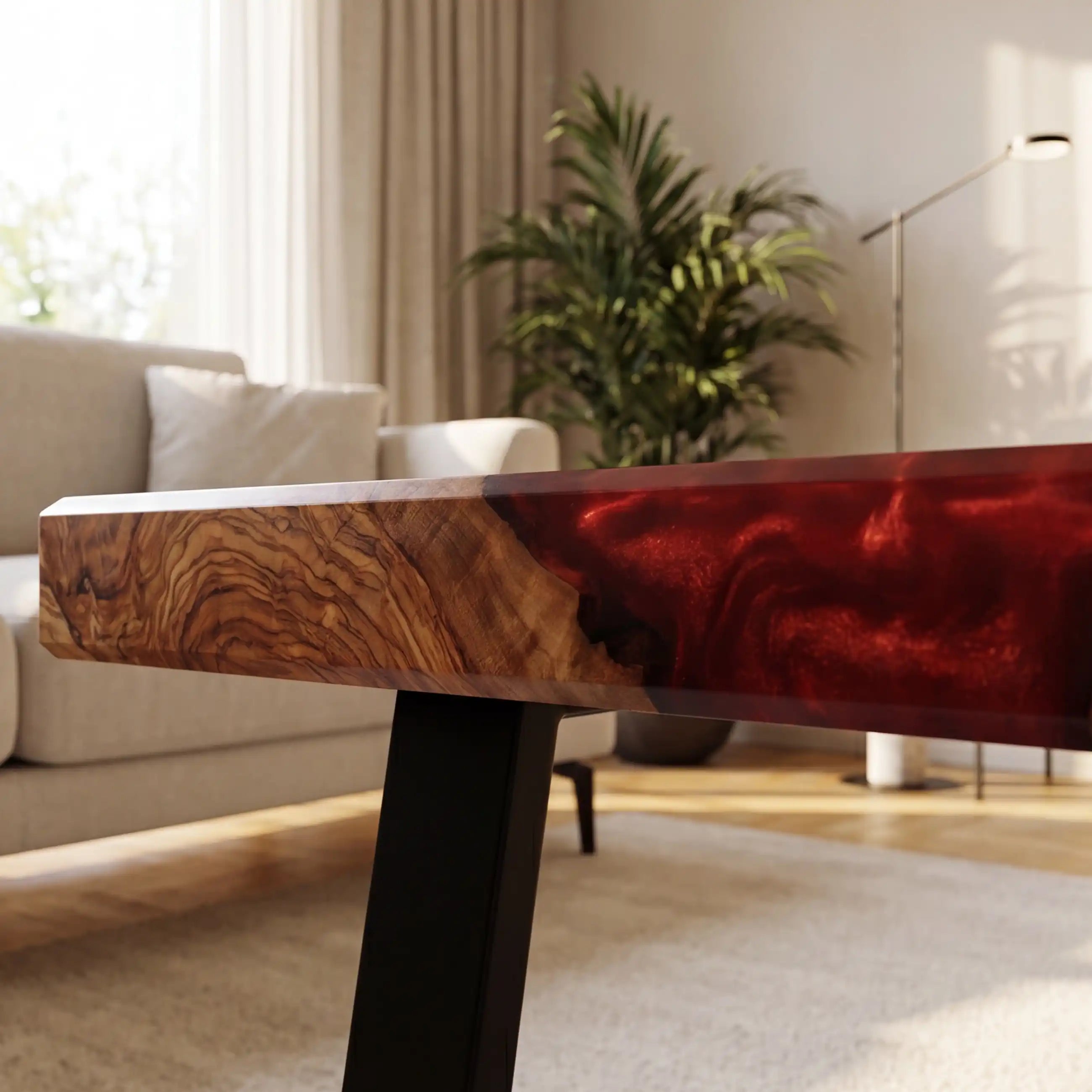 Olive Wood & Ruby Red Resin Coffee Table OCT22