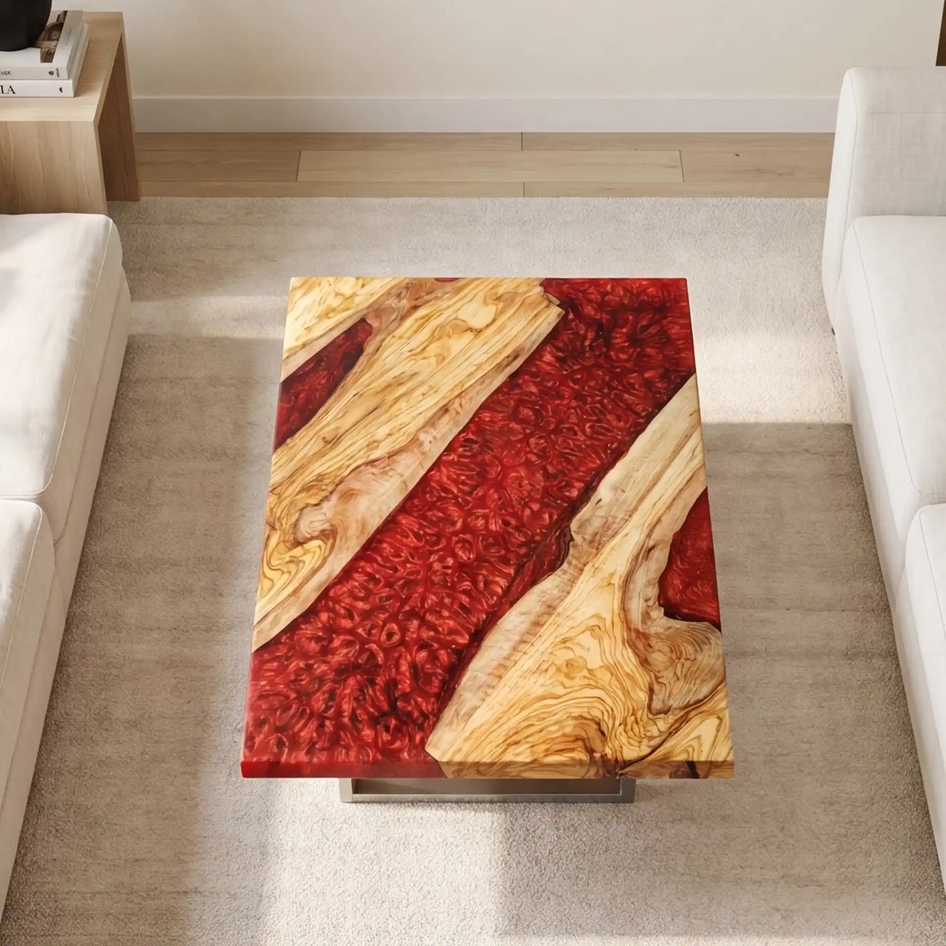 Olive Wood & Ruby Red Resin Coffee Table OCT22