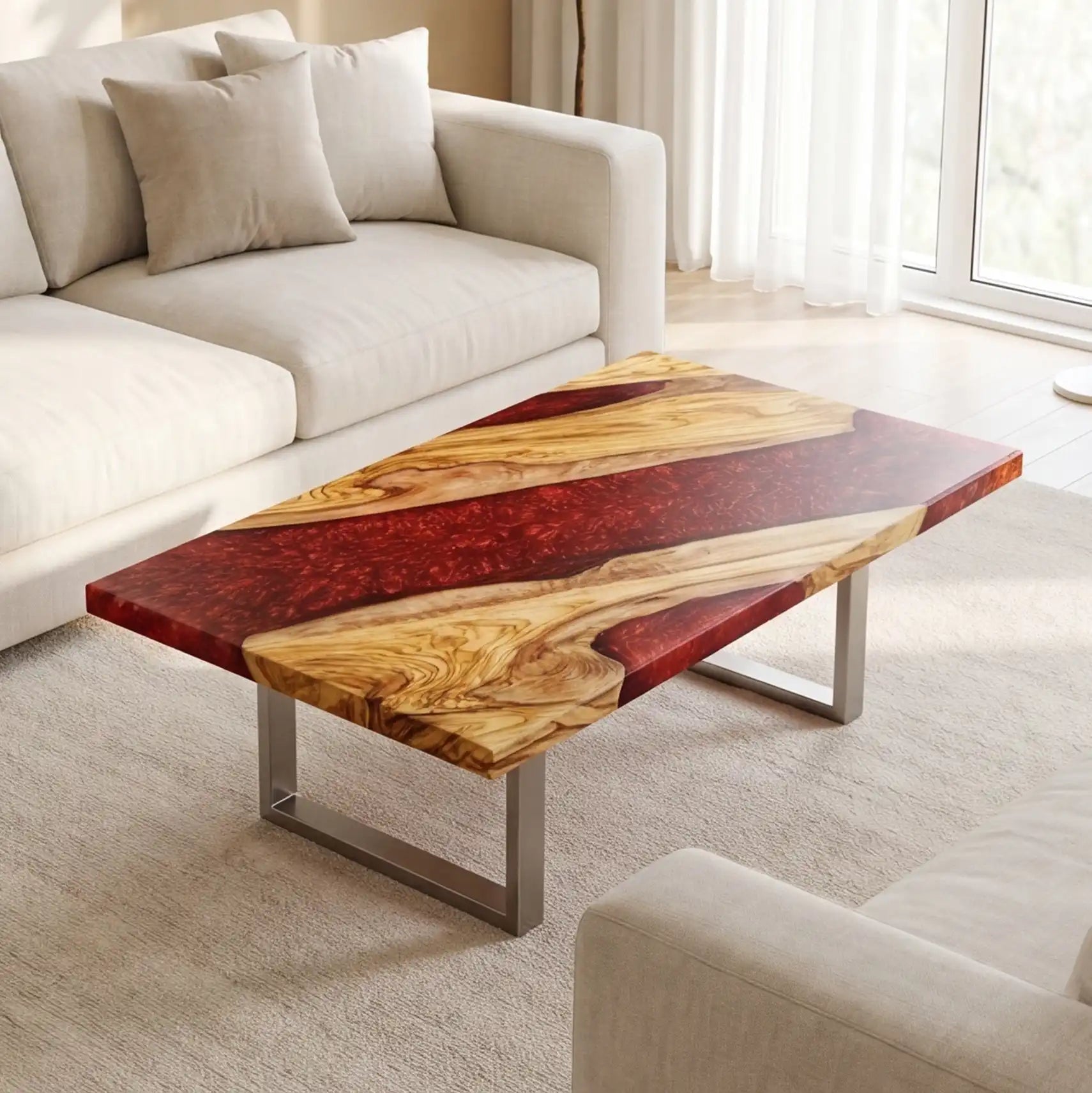 Olive Wood & Ruby Red Resin Coffee Table OCT22