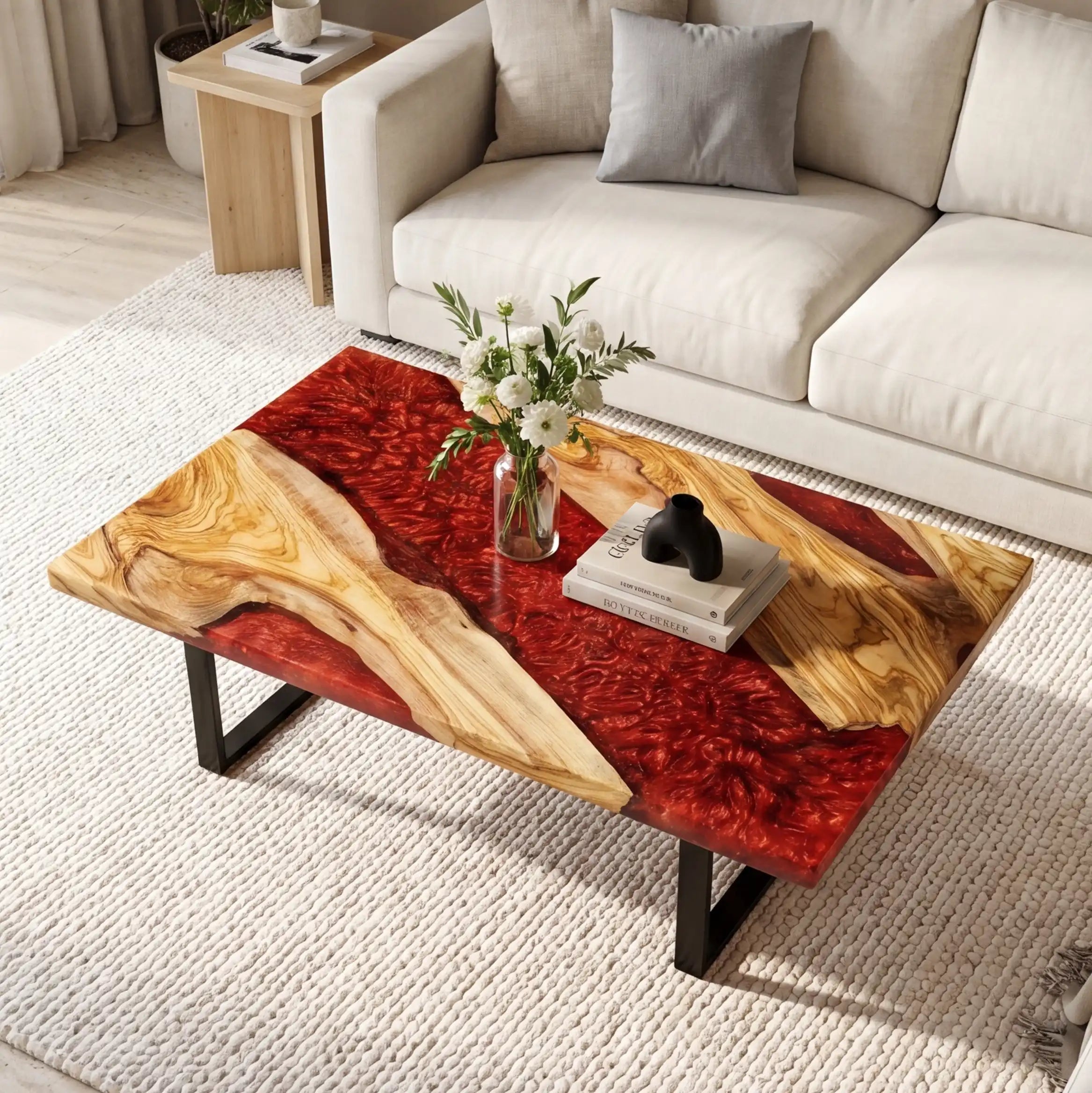 Olive Wood & Ruby Red Resin Coffee Table OCT22