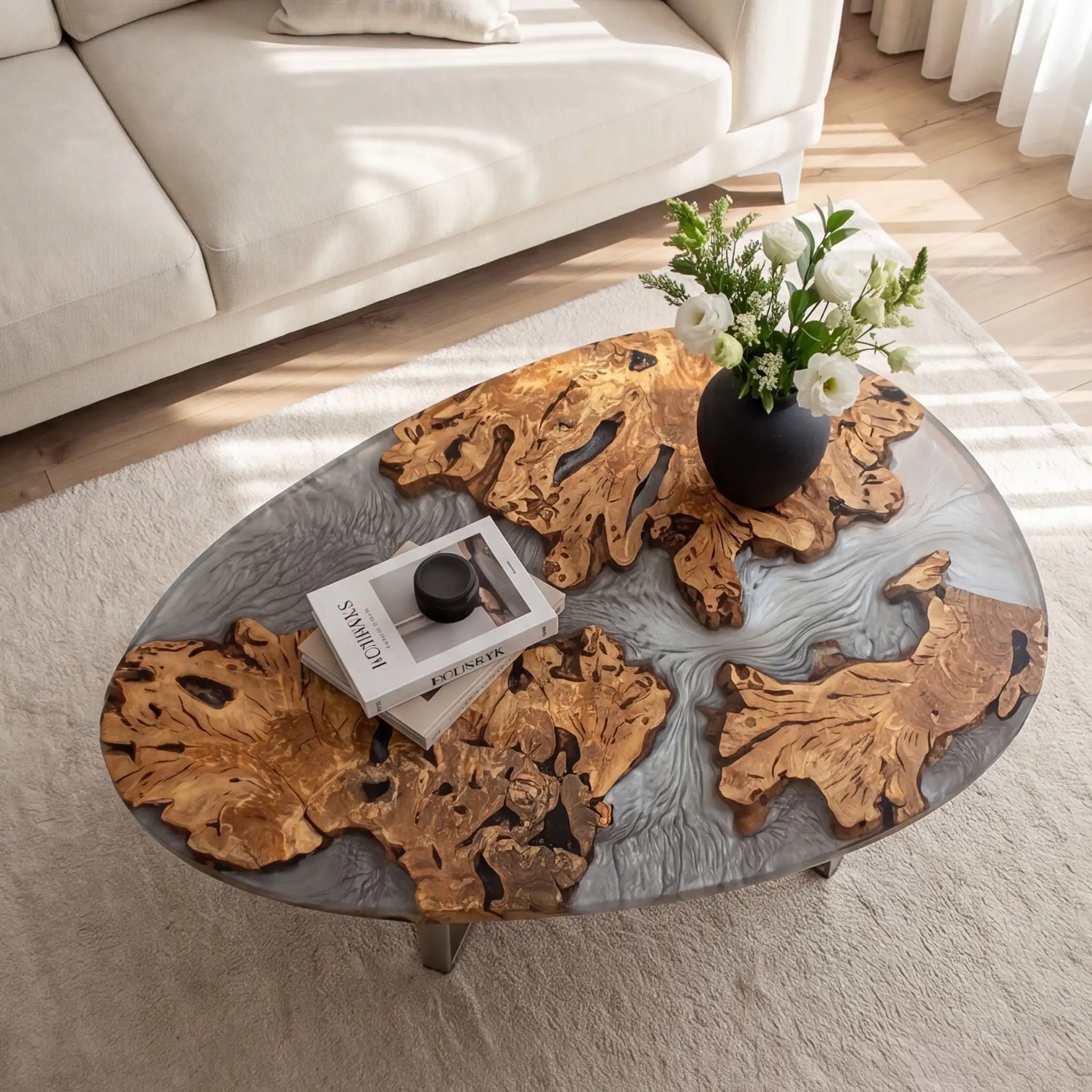 Olive Wood & Silver Resin Coffee Table OCT1
