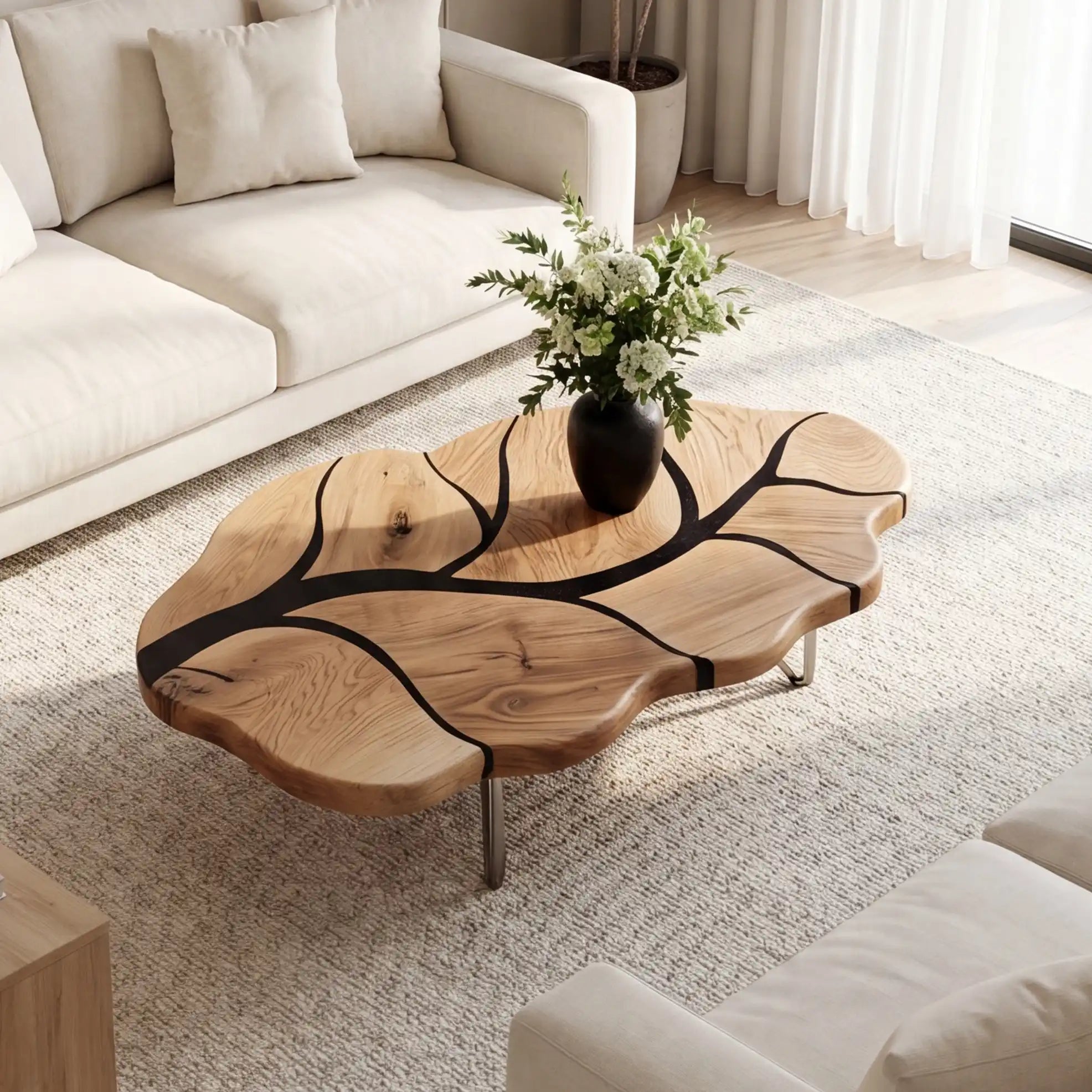 Poplar Wood & Black Resin Leaf Coffee Table PRT12
