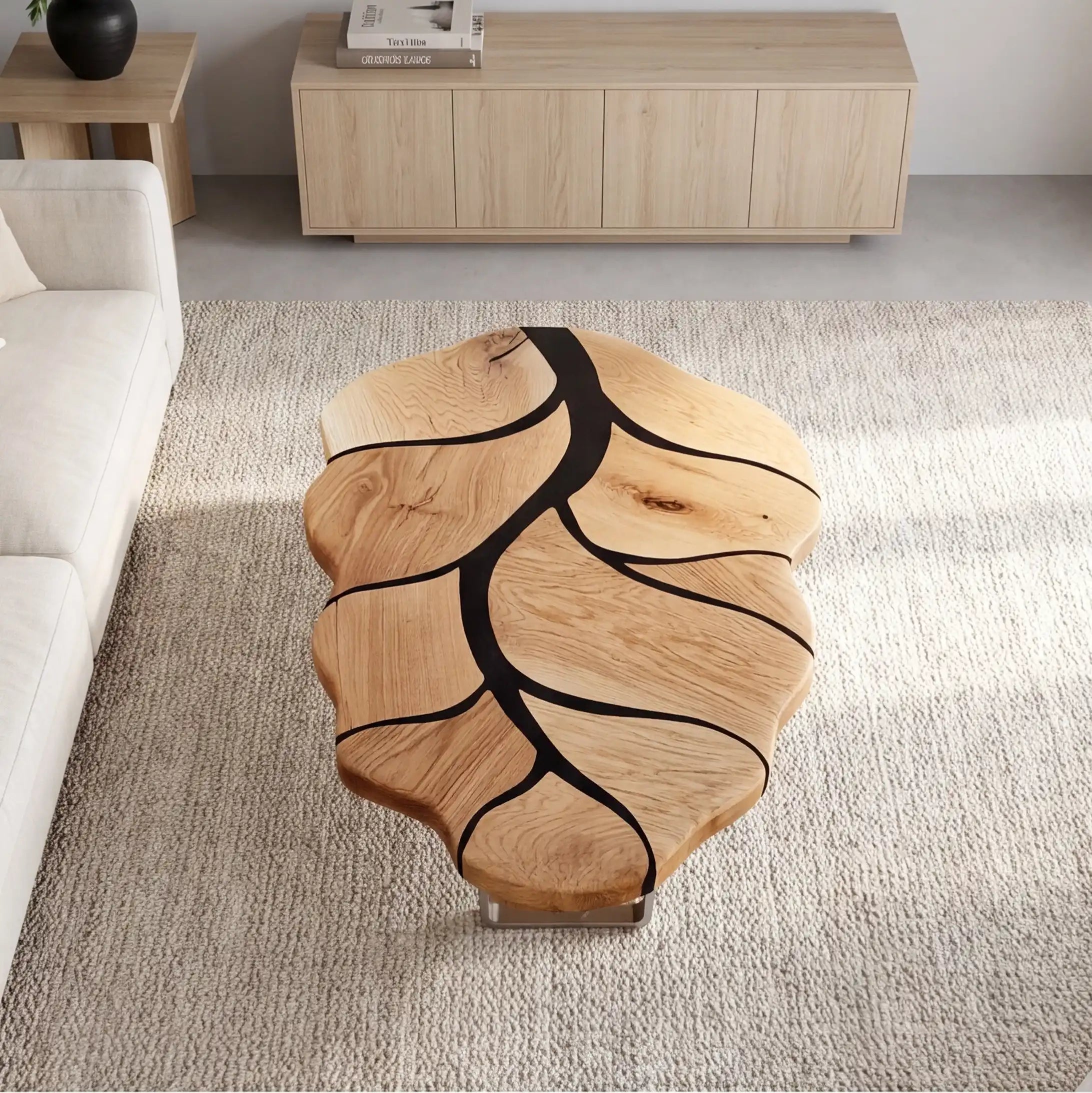Poplar Wood & Black Resin Leaf Coffee Table PRT12