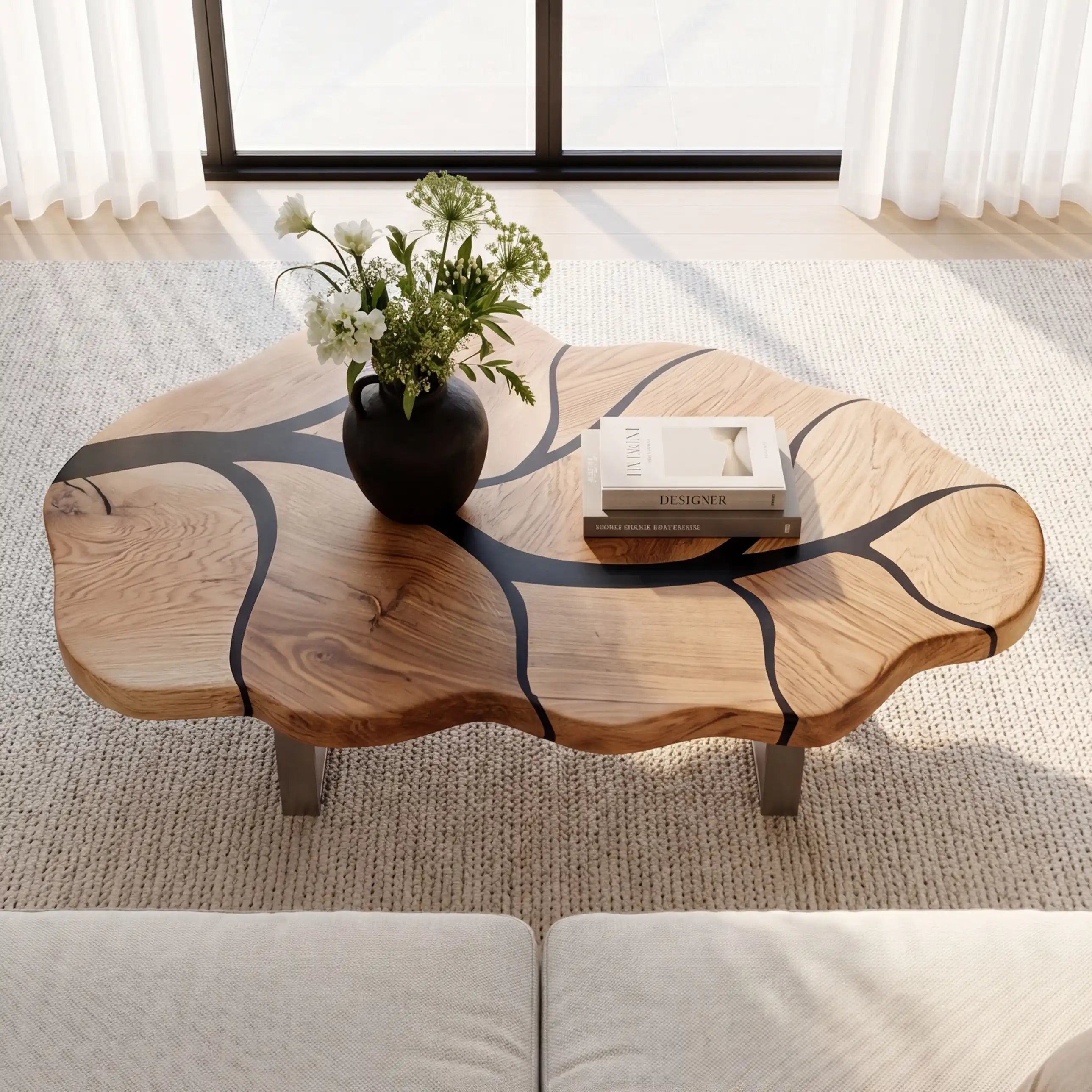 Poplar Wood & Black Resin Leaf Coffee Table PRT12