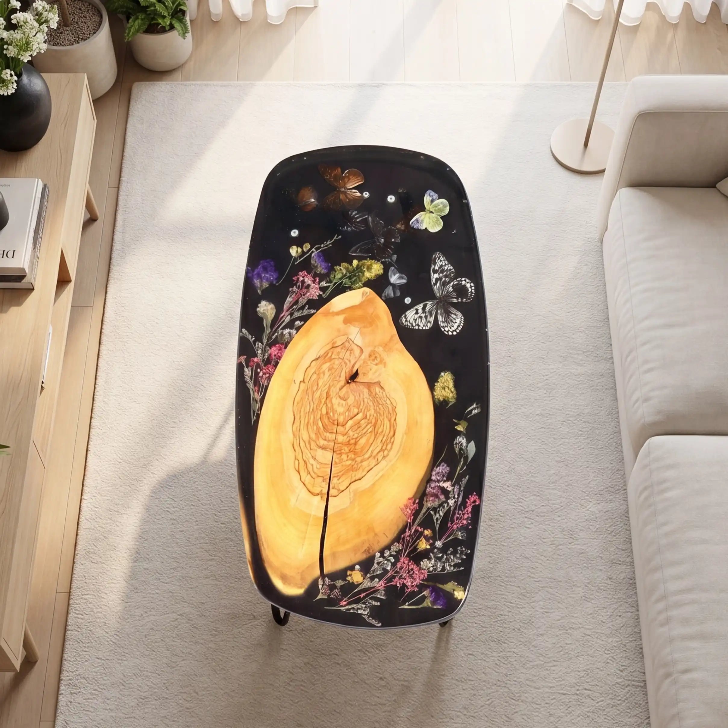 Poplar Wood & Botanical Butterfly Resin Coffee Table PRT8