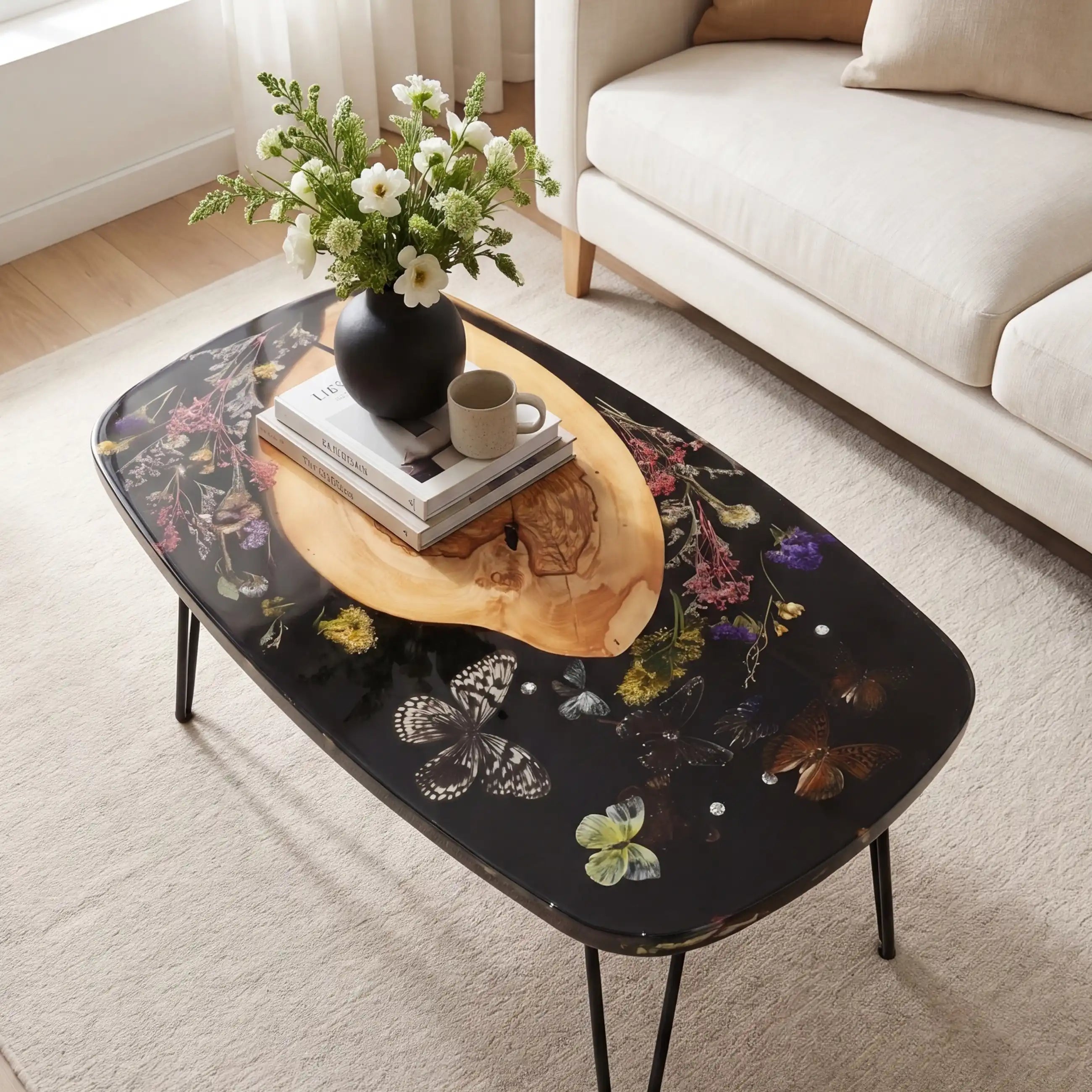 Poplar Wood & Botanical Butterfly Resin Coffee Table PRT8