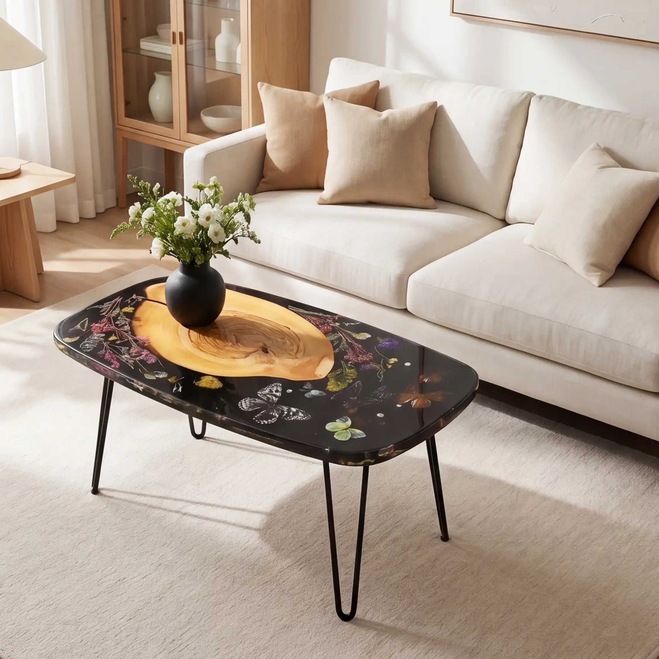 Poplar Wood & Botanical Butterfly Resin Coffee Table PRT8