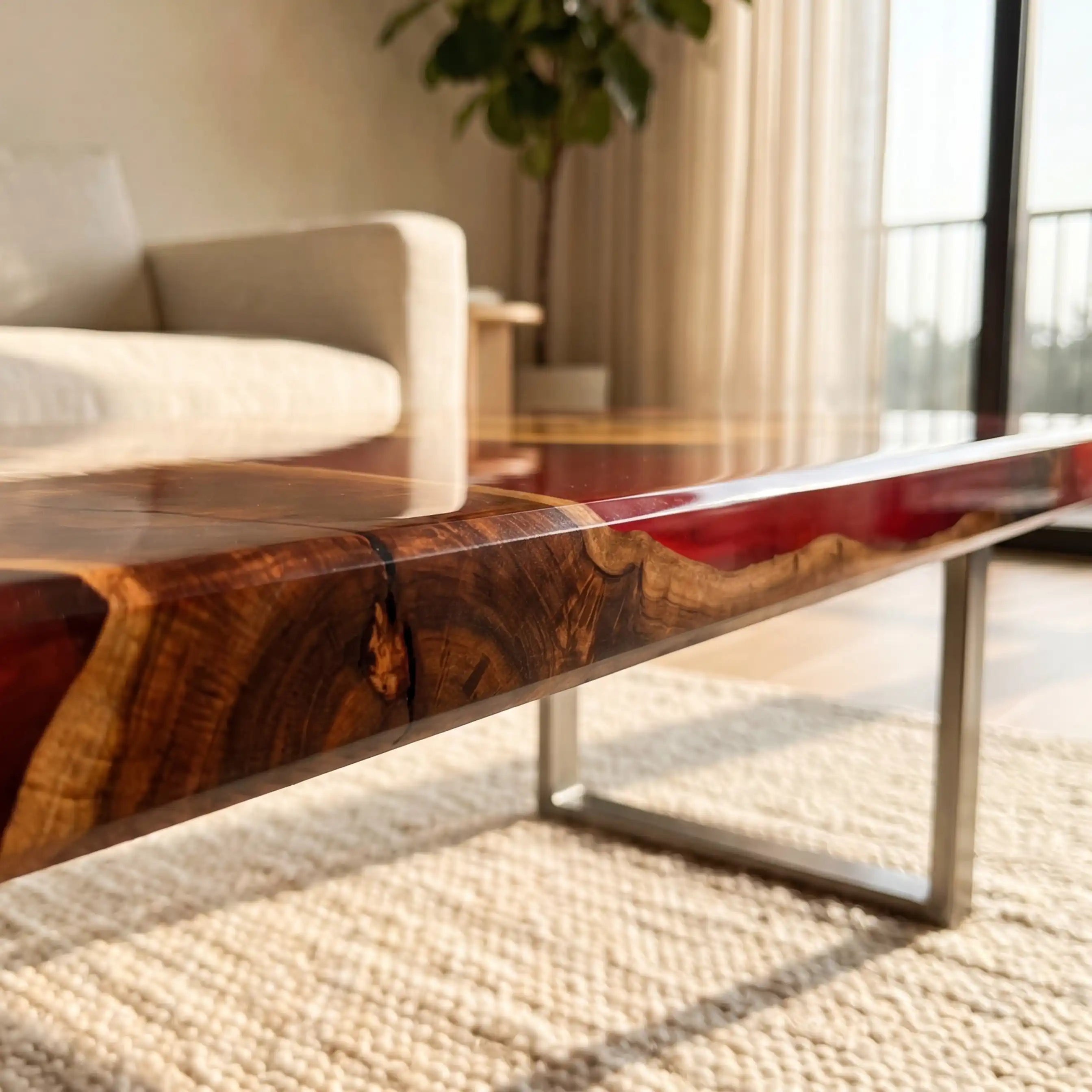 Poplar Wood & Crimson Red Resin Coffee Table PRC24