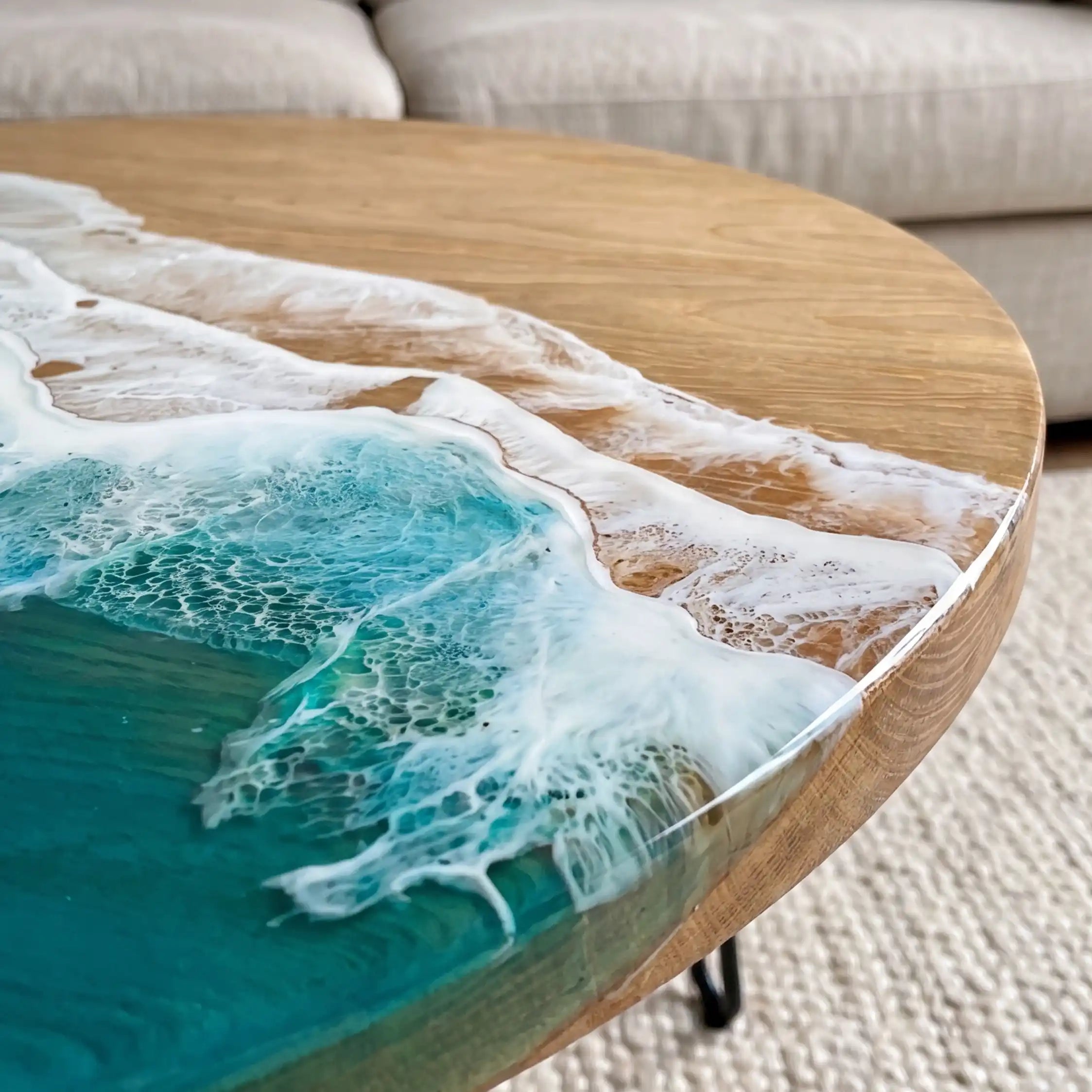 Poplar Wood & Ocean Wave Resin Round Coffee Table PRC9