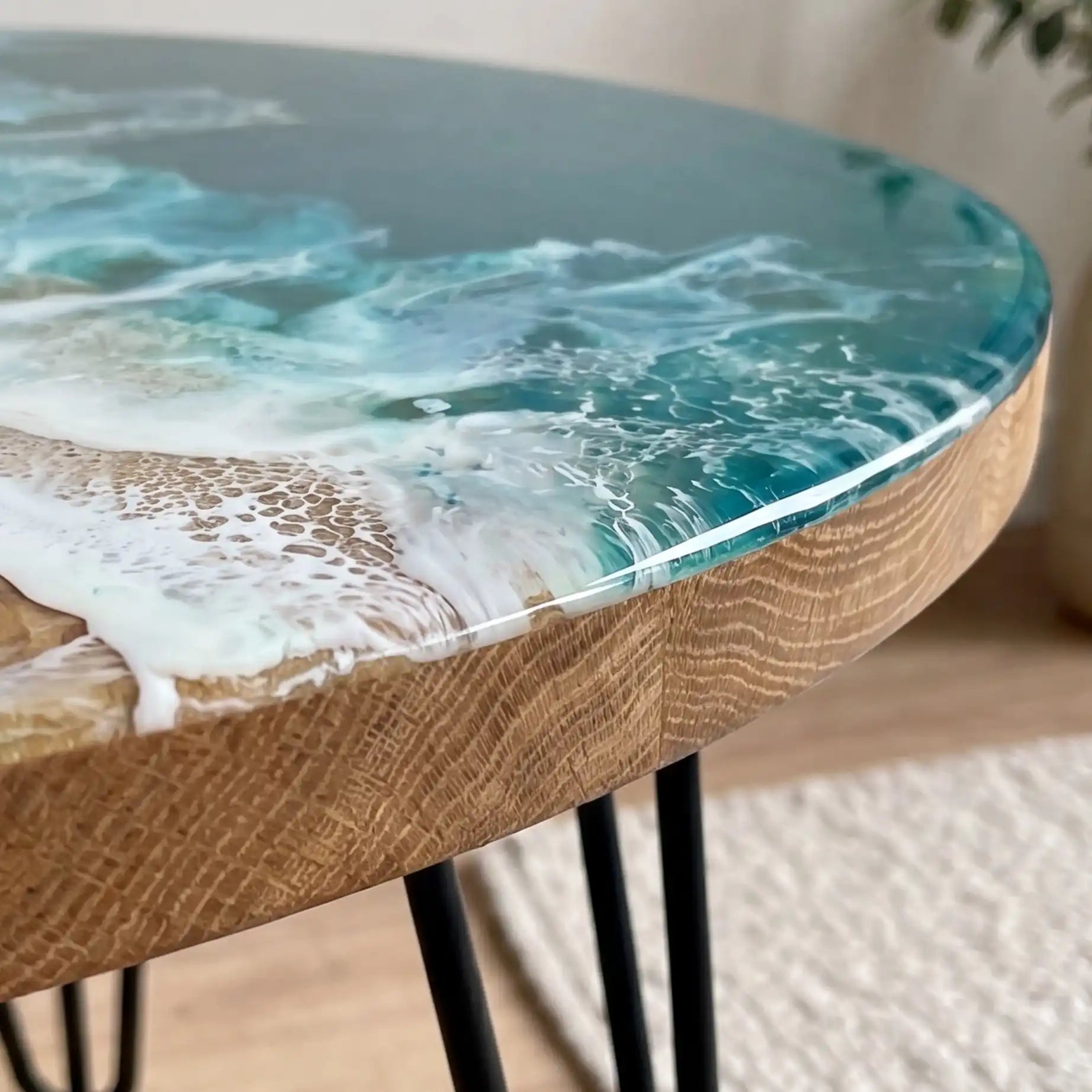 Poplar Wood & Ocean Wave Resin Round Coffee Table PRC9