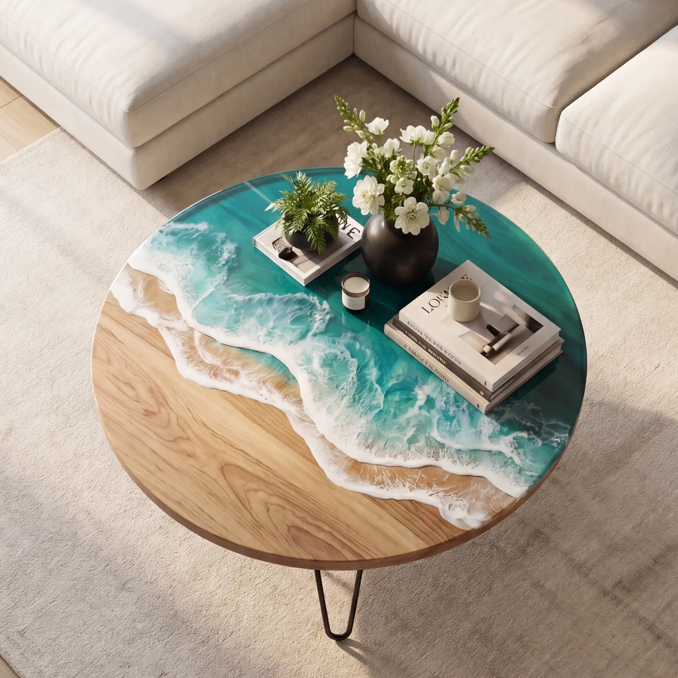 Poplar Wood & Ocean Wave Resin Round Coffee Table PRC9