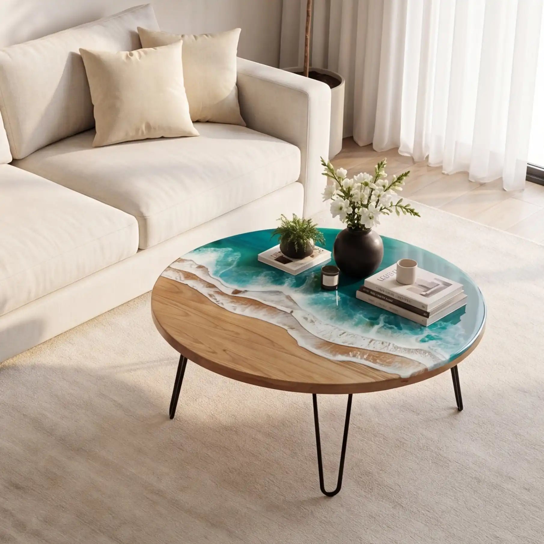 Poplar Wood & Ocean Wave Resin Round Coffee Table PRC9
