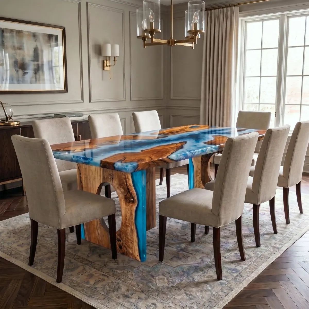 84 x 42 x 2.16 inch Olive Wood Blue Ocean Seawave resin Rectangular dining table photo 2