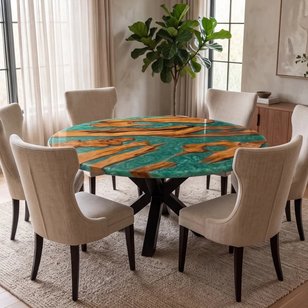 60 x 60 x 2.16 inch Olive Wood Green Swirl resin Round dining table photo 4