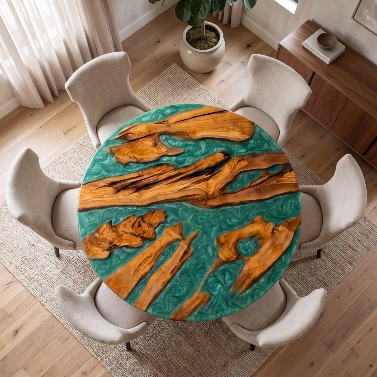 60 x 60 x 2.16 inch Olive Wood Green Swirl resin Round dining table photo 5