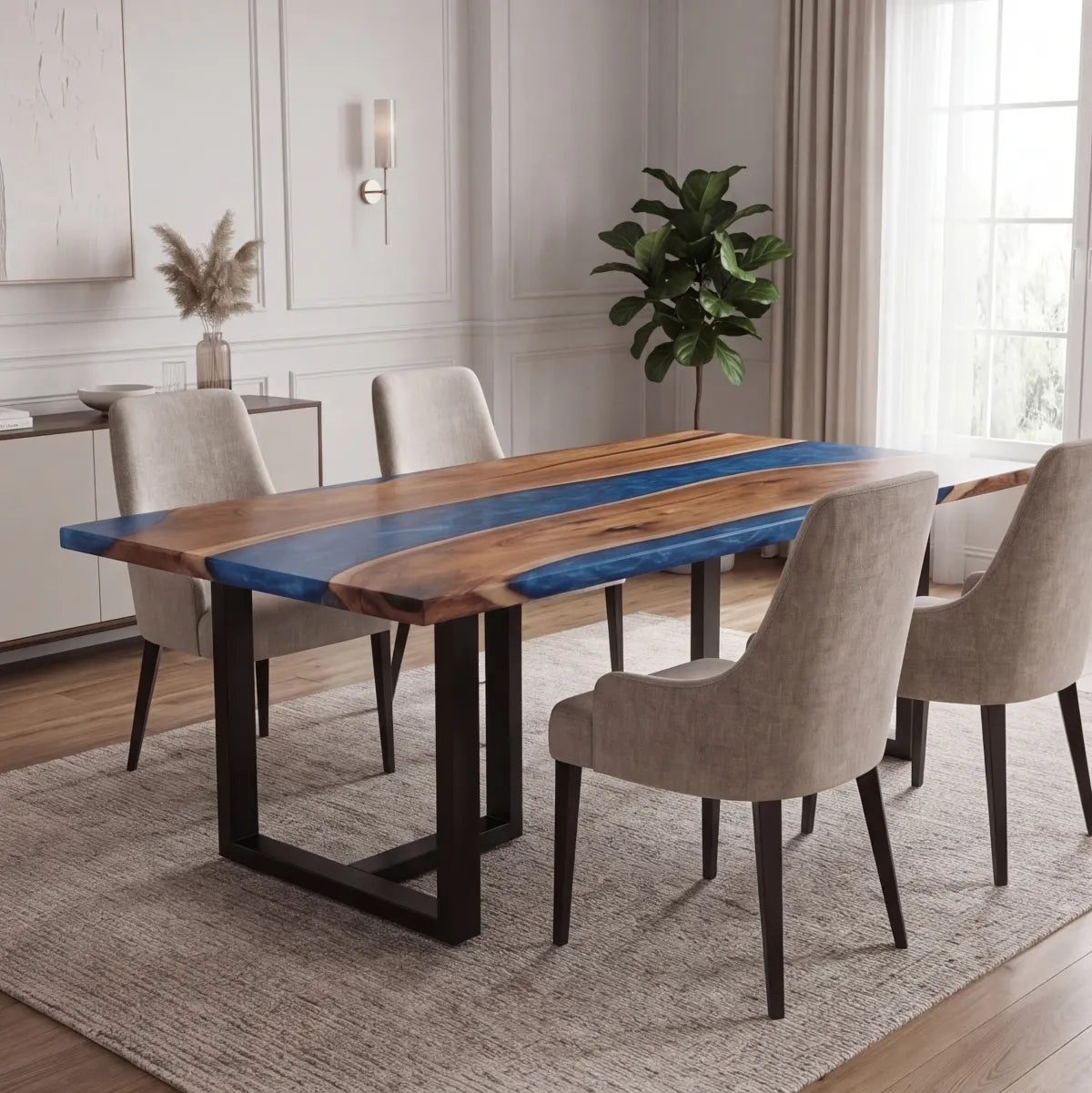 72 x 40 x 1.96 inch Black Walnut Blue Marbled Resin Rectangular Dining Table photo 6