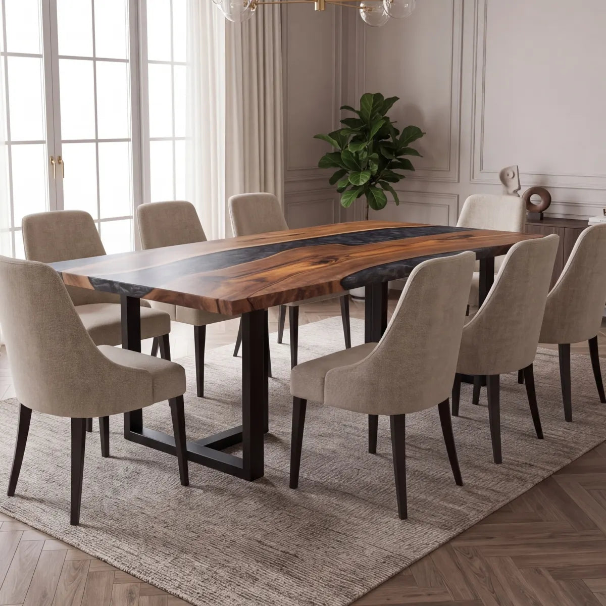 72 x 40 x 1.96 inch Black Walnut Metallic Grey Resin Rectangular Dining Table photo 4