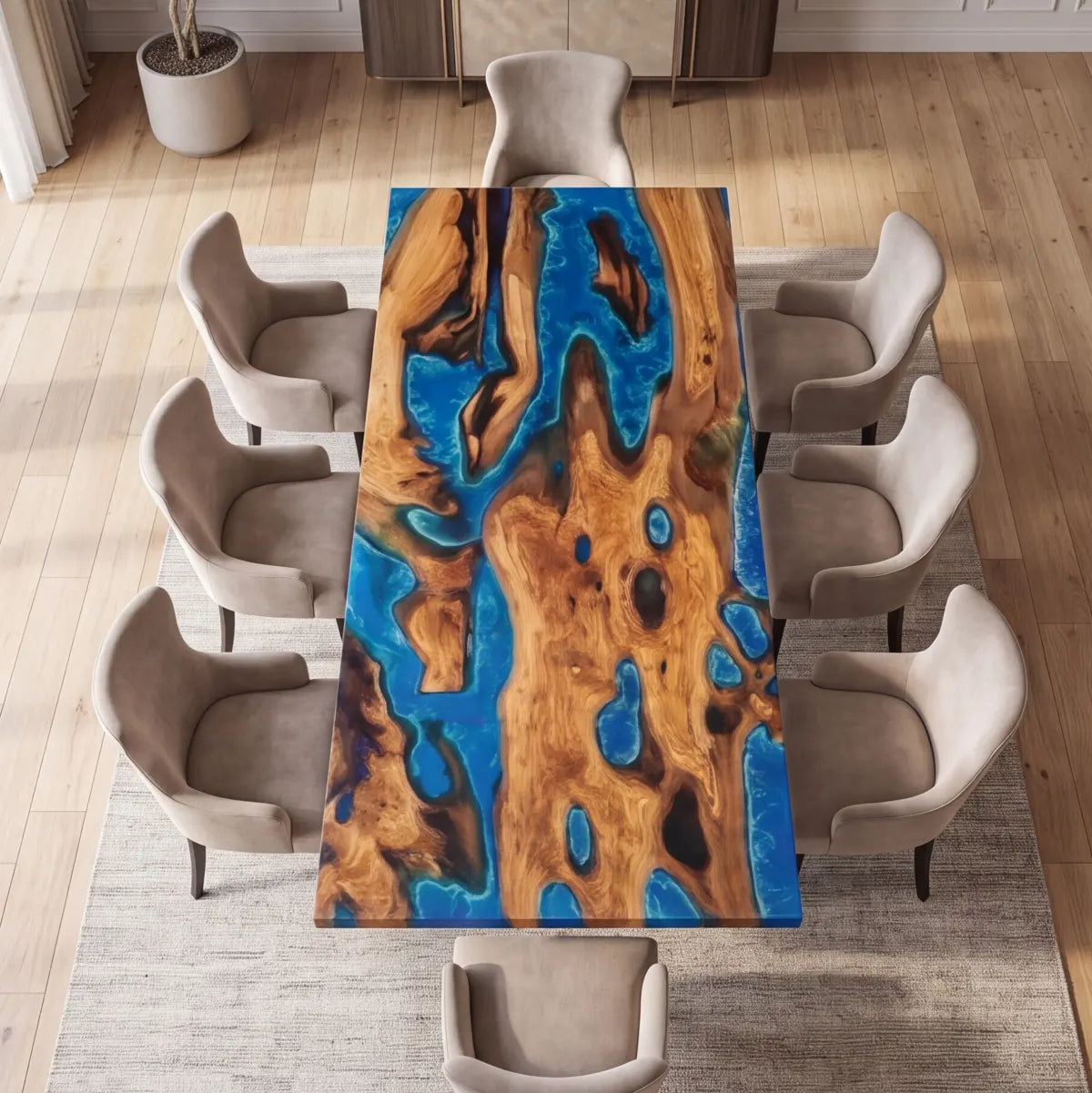 96 x 42 x 1.96 inch Olive Wood Blue Seawave Resin Rectangular Dining Table photo 4
