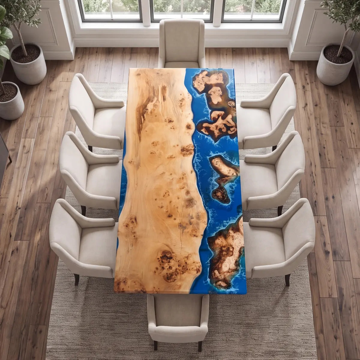 96 x 42 x 1.96 inch Poplar Wood Blue Seawave resin Rectangular dining table photo 5