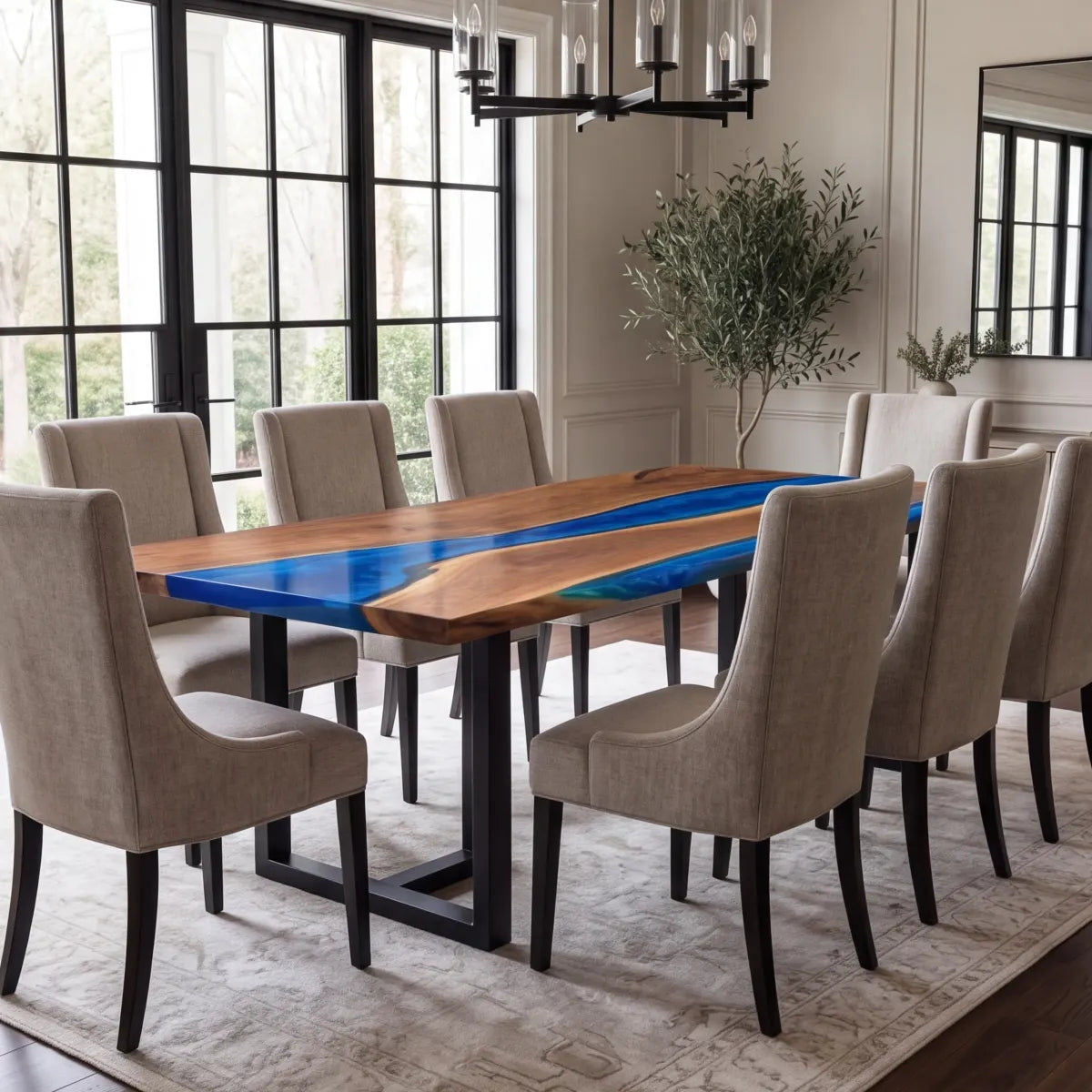 72 x 40 x 1.96 inch Black Walnut Blue Seawave Resin Rectangular Dining Table photo 2