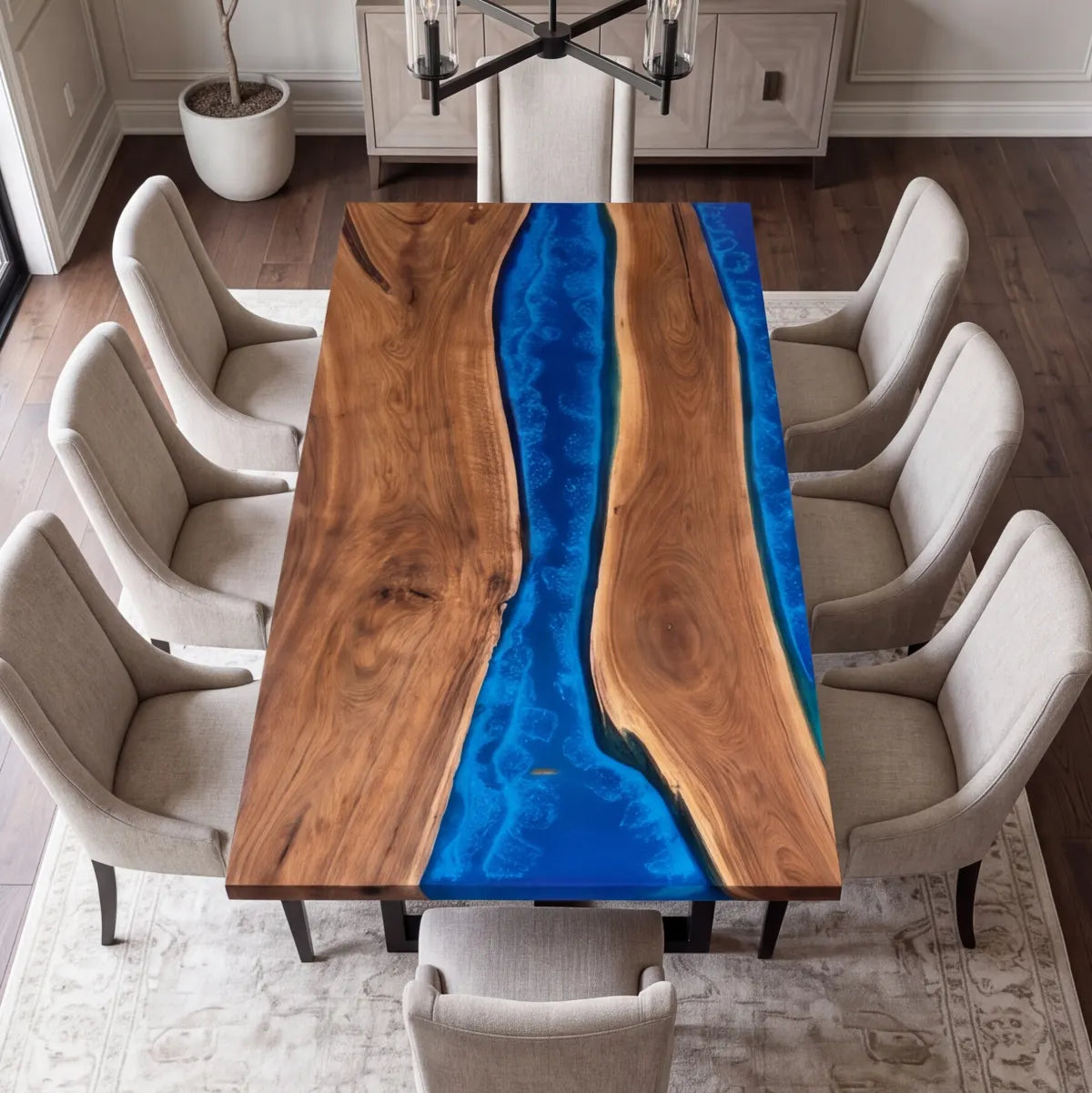 72 x 40 x 1.96 inch Black Walnut Blue Seawave Resin Rectangular Dining Table photo 6