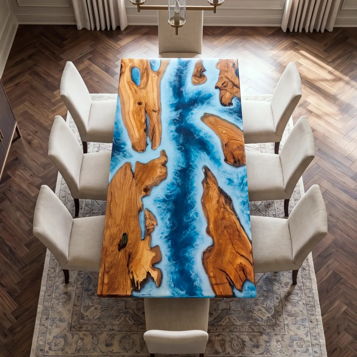 84 x 42 x 2.16 inch Olive Wood Blue Ocean Seawave resin Rectangular dining table photo 3