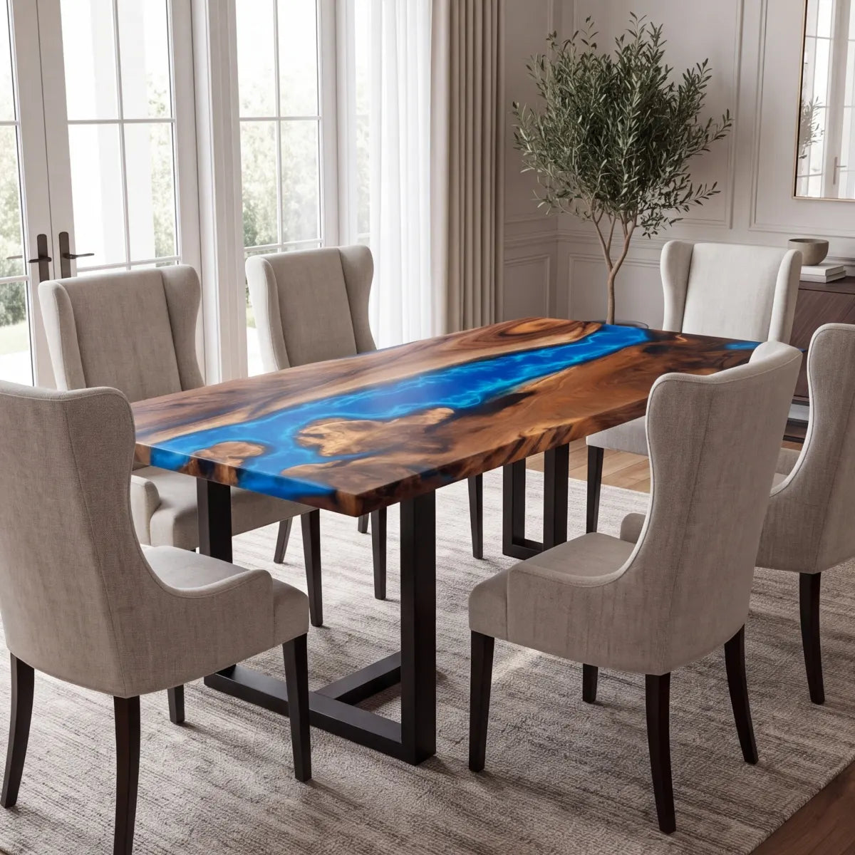 84 x 42 x 2.36 inch Black Walnut Blue Seawave resin dining table photo 5