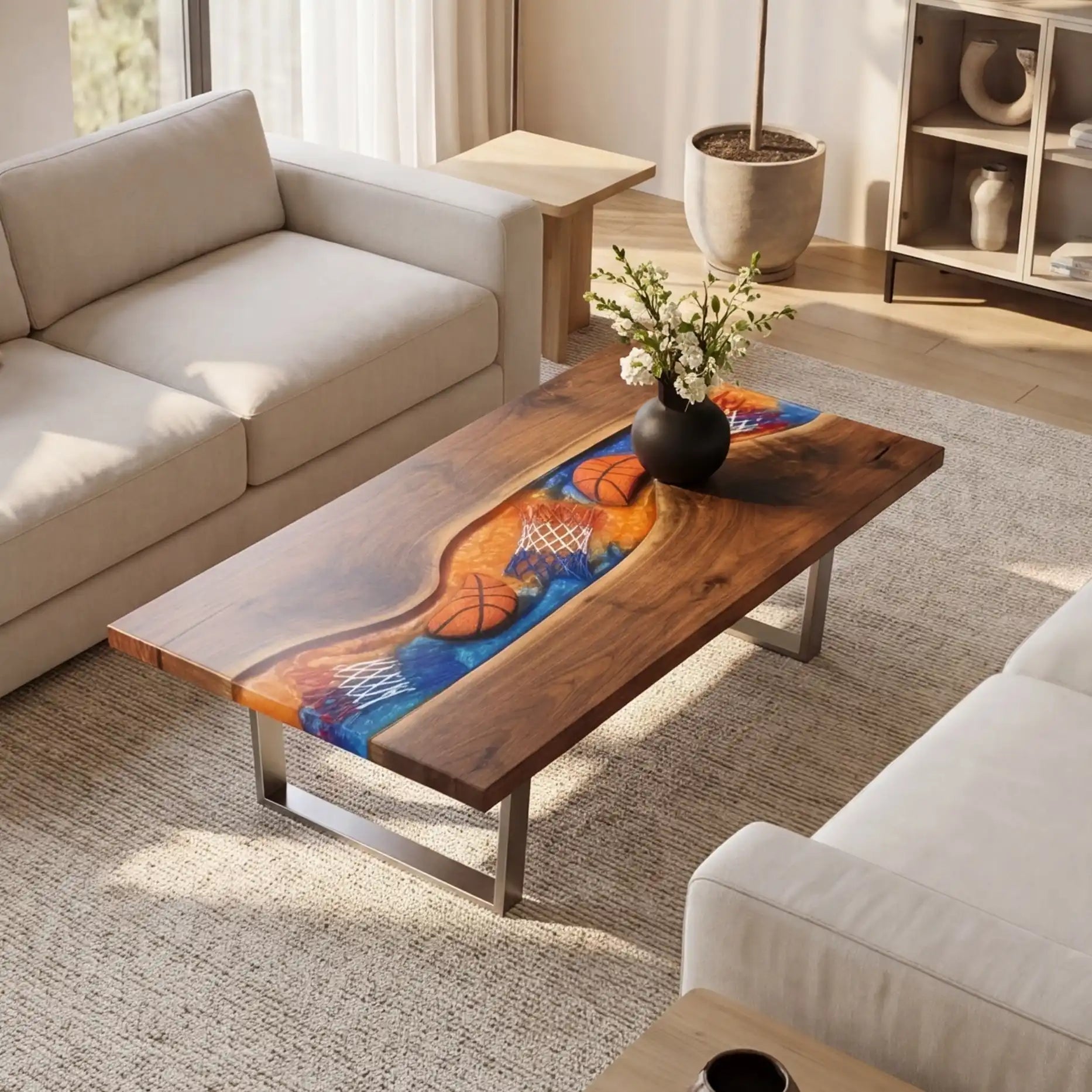 Walnut & 3D Basketball Theme Resin Coffee Table WRT21