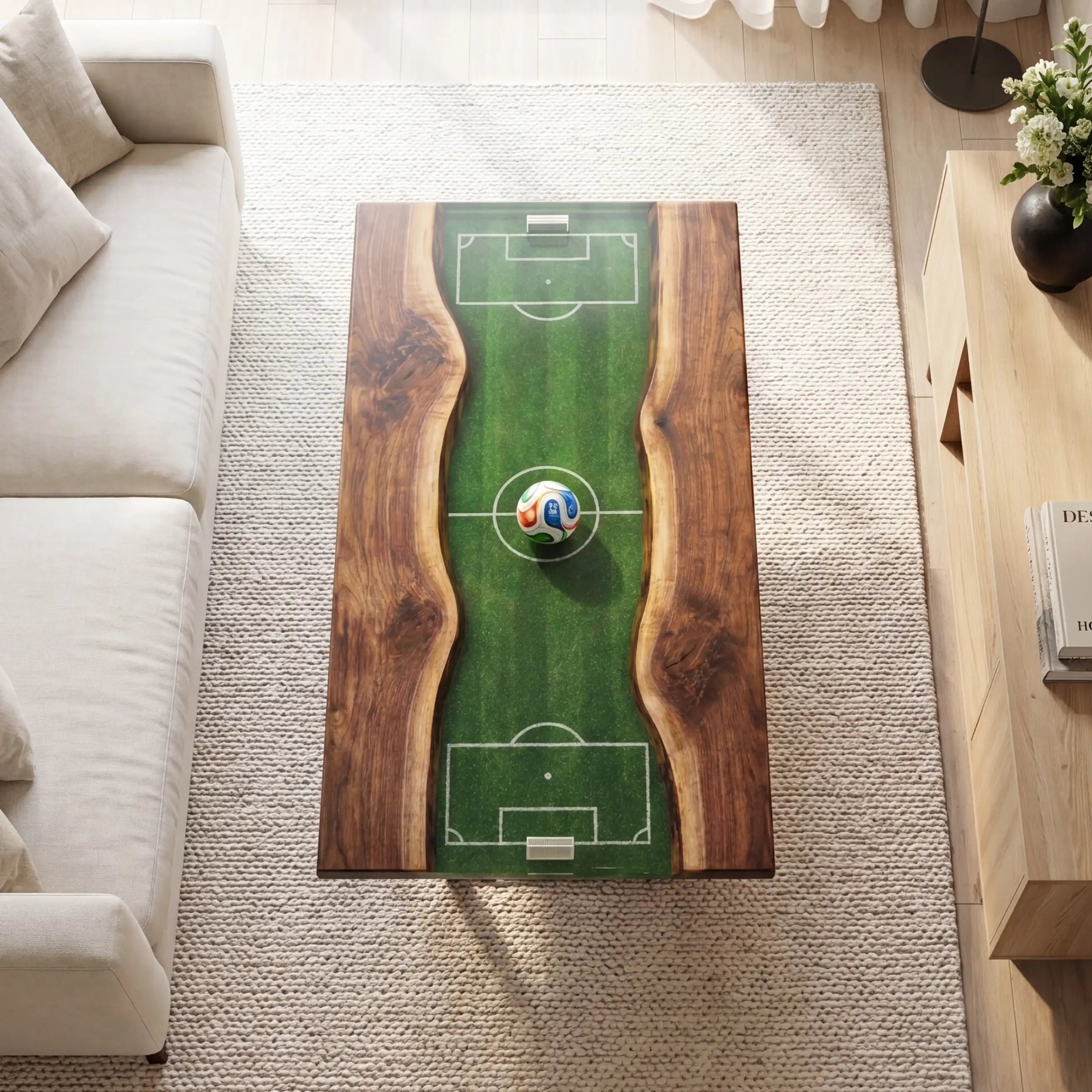 Walnut & 3D Soccer Pitch Resin Coffee Table WPC25