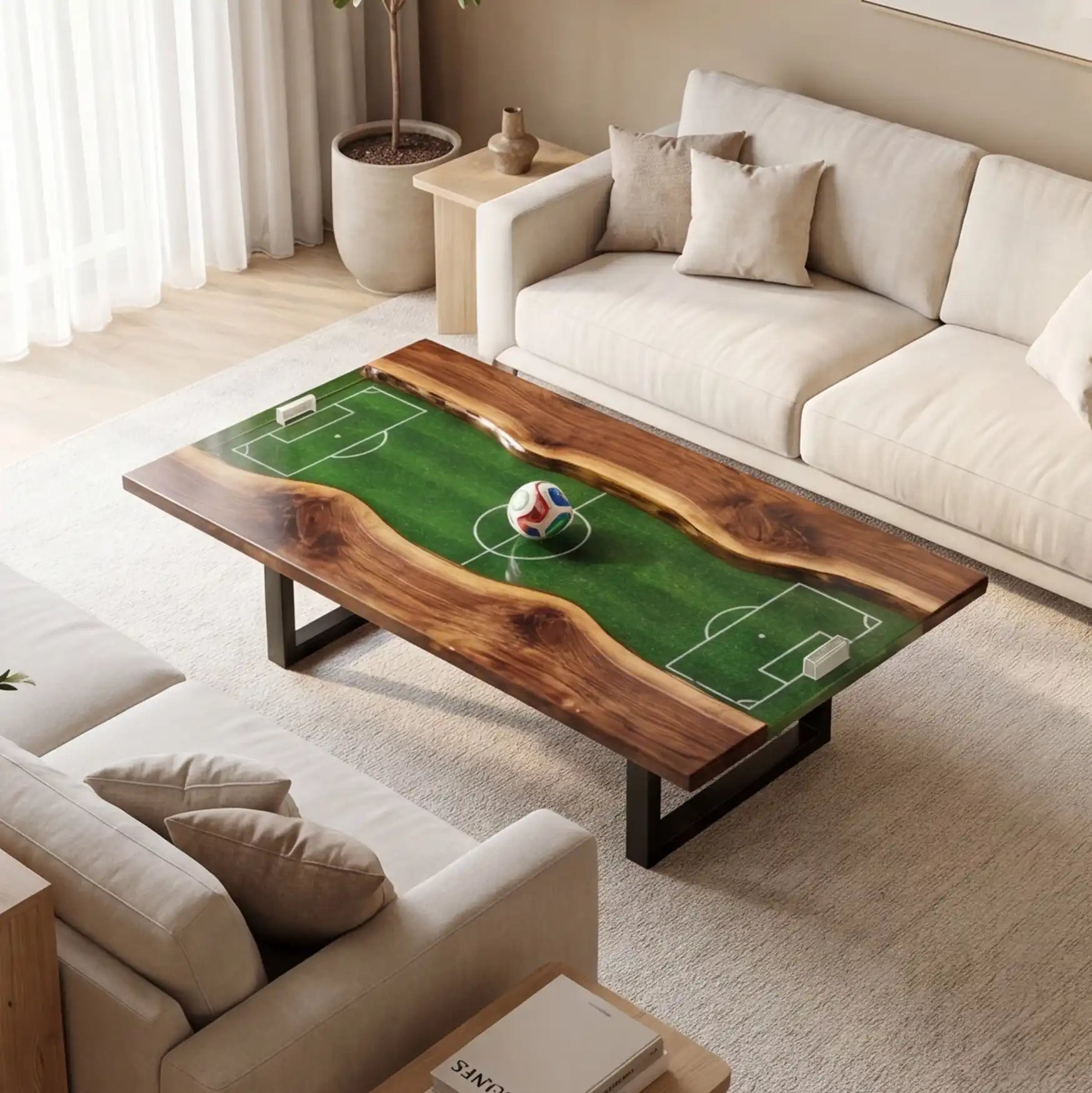 Walnut & 3D Soccer Pitch Resin Coffee Table WPC25
