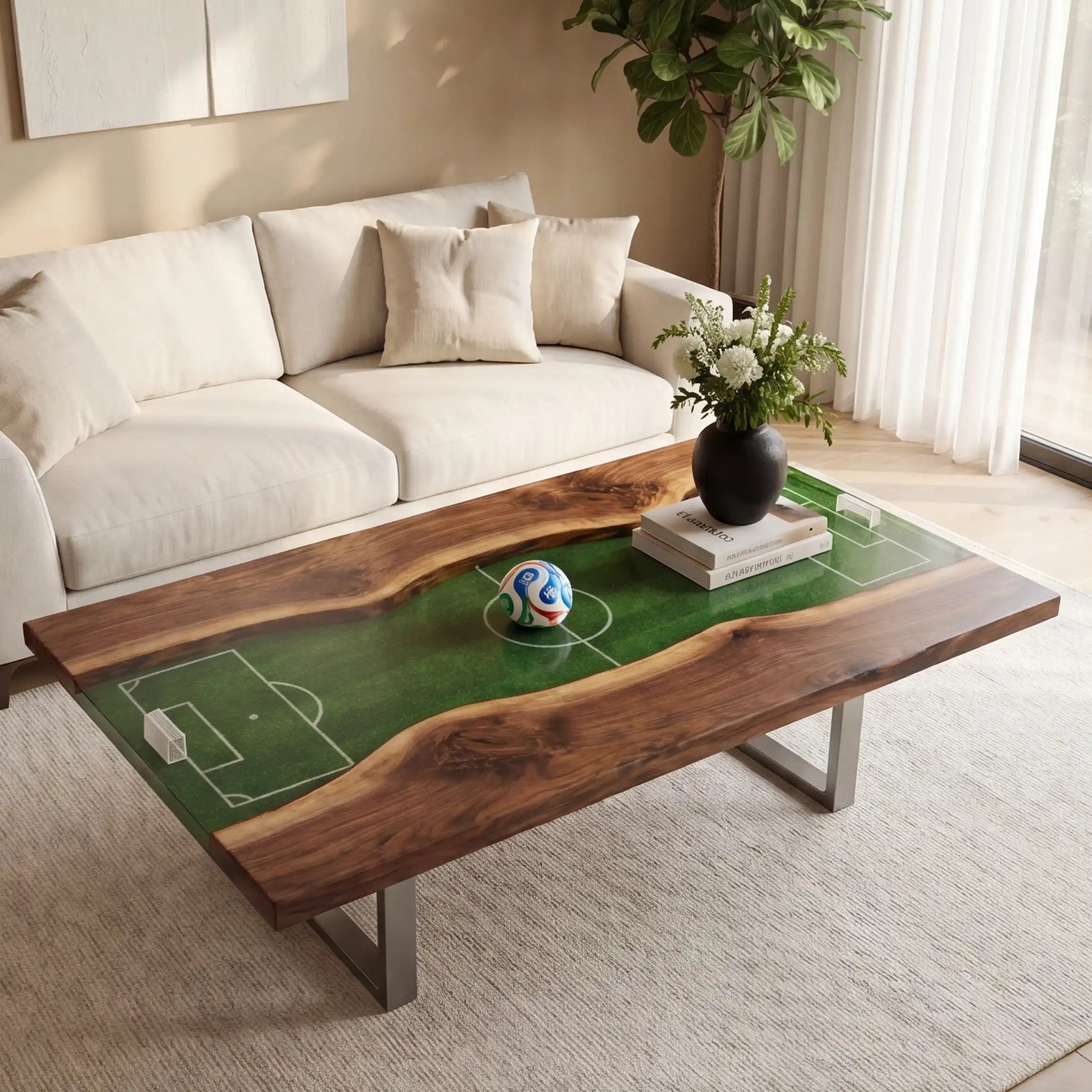 Walnut & 3D Soccer Pitch Resin Coffee Table WPC25